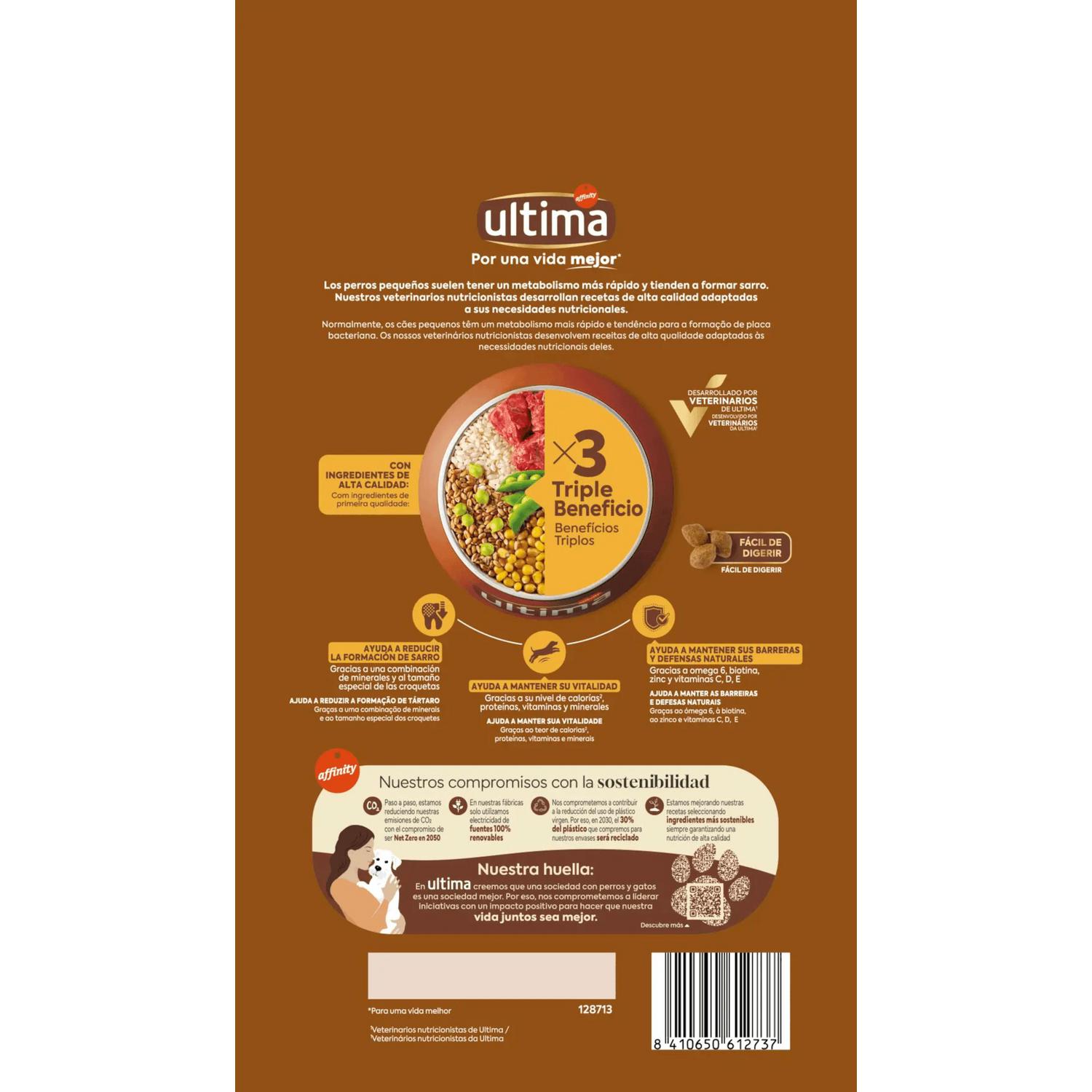 Pienso de buey para perro adulto mini Ultima 1,25 kg.