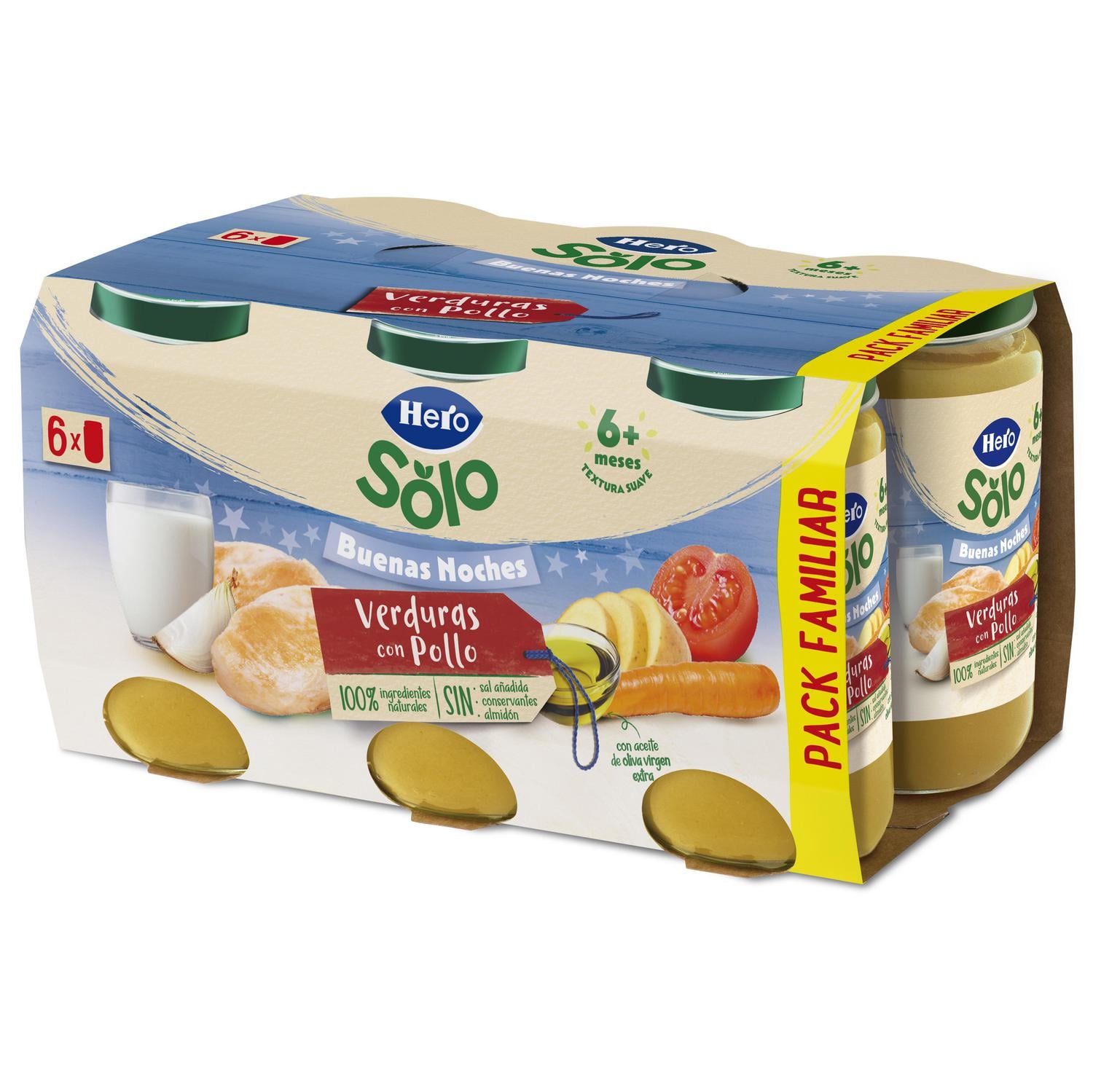 Tarrito de verduritas con pollo desde 6 meses Hero Solo Buenas Noches sin gluten pack de 6 unidades 190 g.