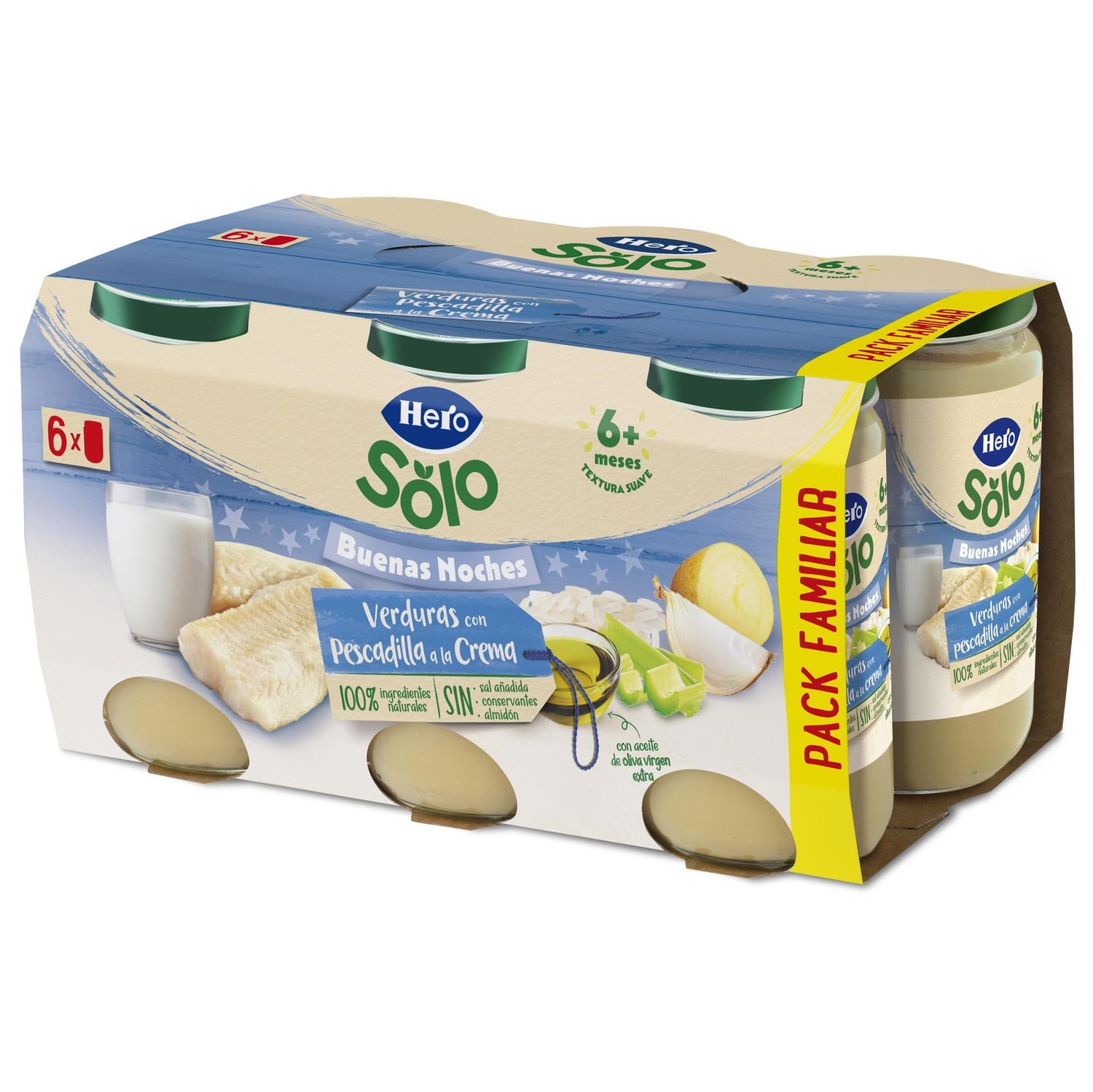 Tarrito de verduras con pescadilla a la crema desde 8 meses Hero Solo sin gluten pack de 6 unidades de 190 g.