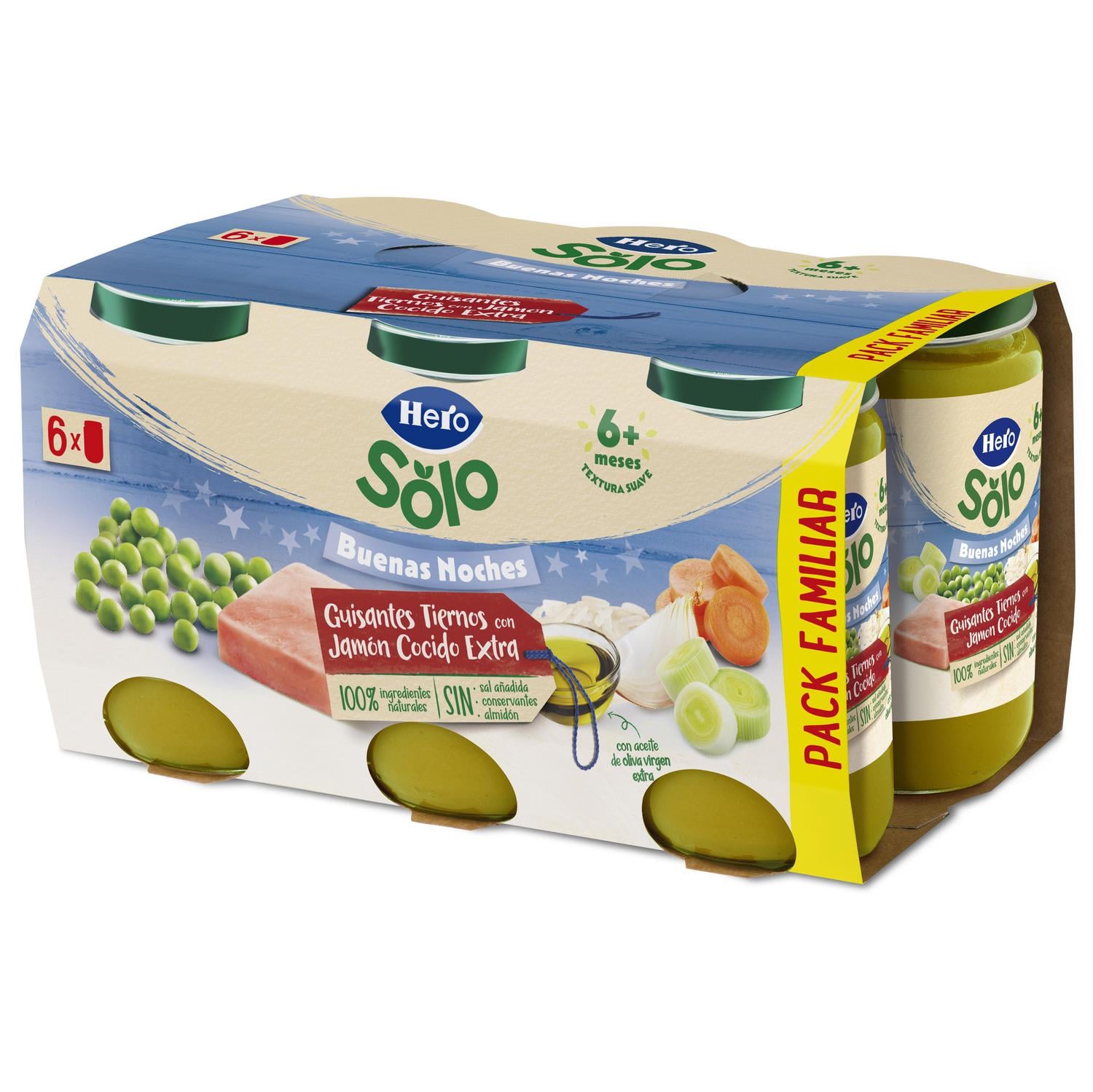 Tarrito de guisantes tiernos con jamón cocido extra desde 6 meses Hero Solo sin gluten pack de 6 unidades de 190 g.