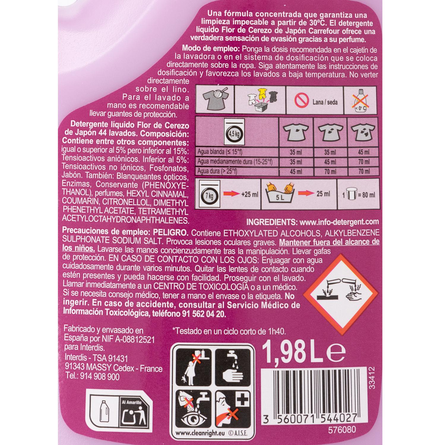 Detergente líquido Japón flor de cerezo Essential Carrefour 44 lavados.