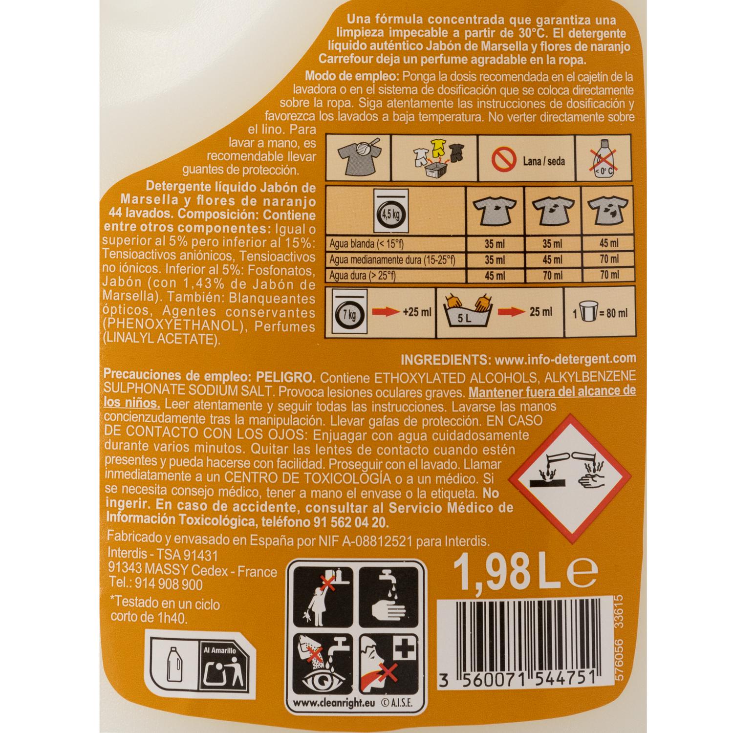 Detergente líquido marsella y flores de naranjo Essential Carrefour 44 lavados.