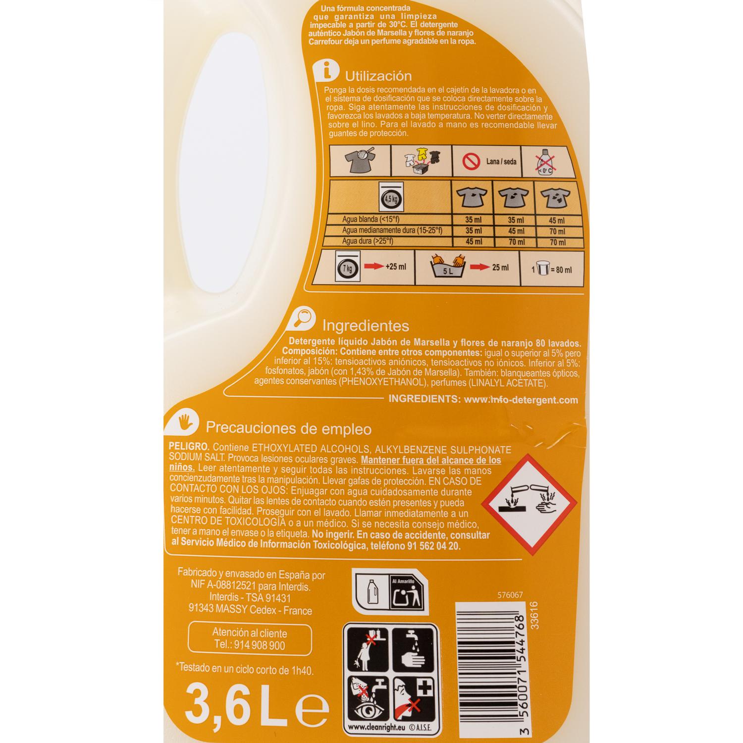 Detergente líquido Marsella y flores de naranjo Essential Carrefour 80 lavados.