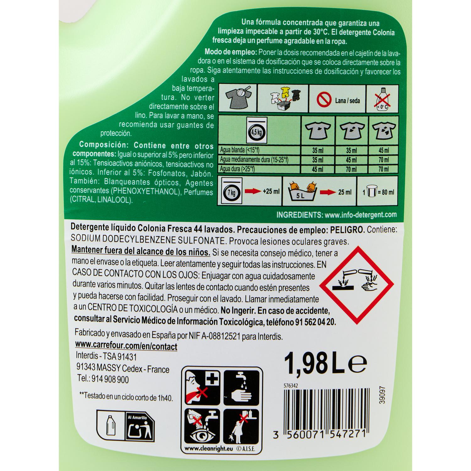 Detergente líquido colonia fresca Carrefour Essential 44 lavados