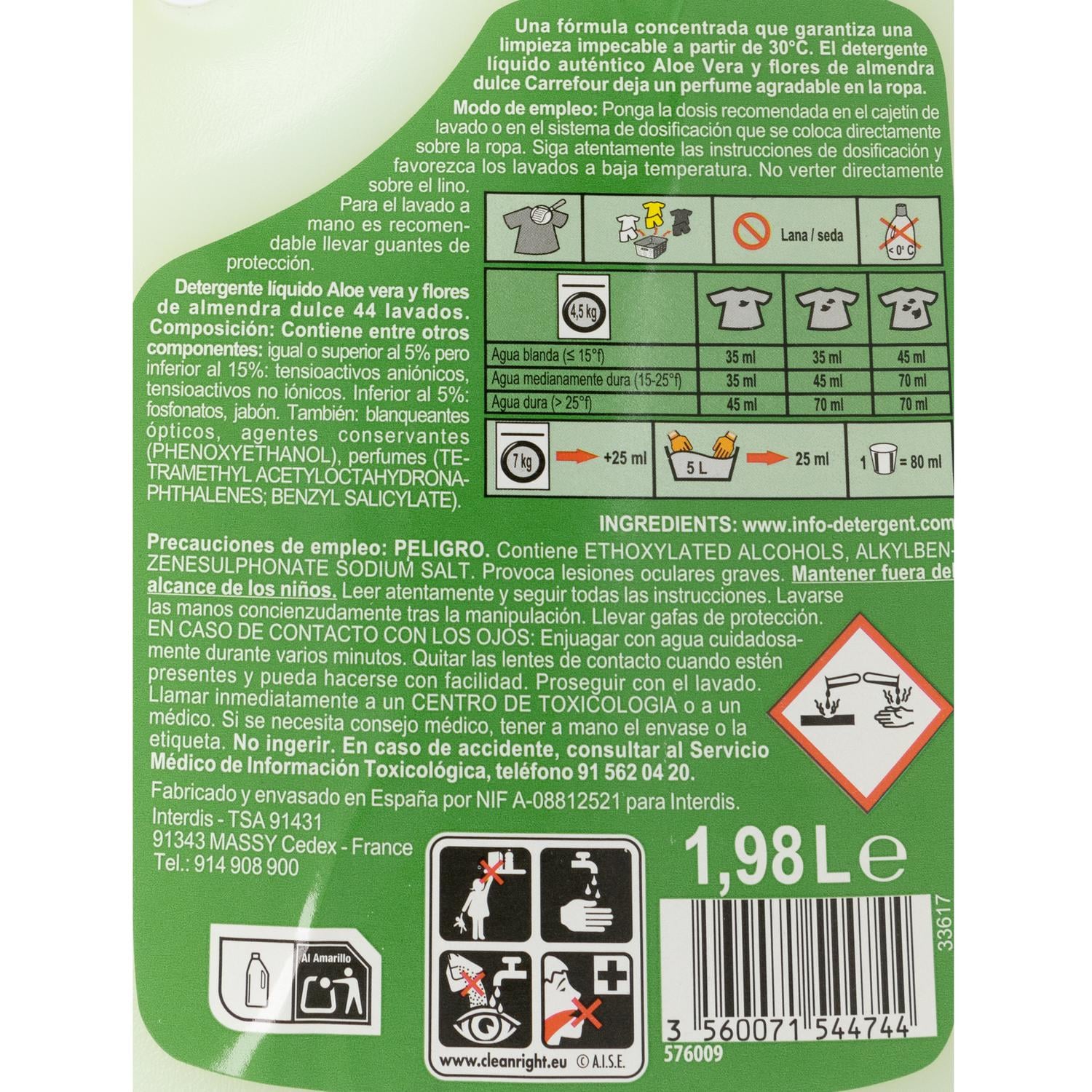 Detergente líquido Aloe Vera y flores de Almendra dulce Essential Carrefour 44 lavados.