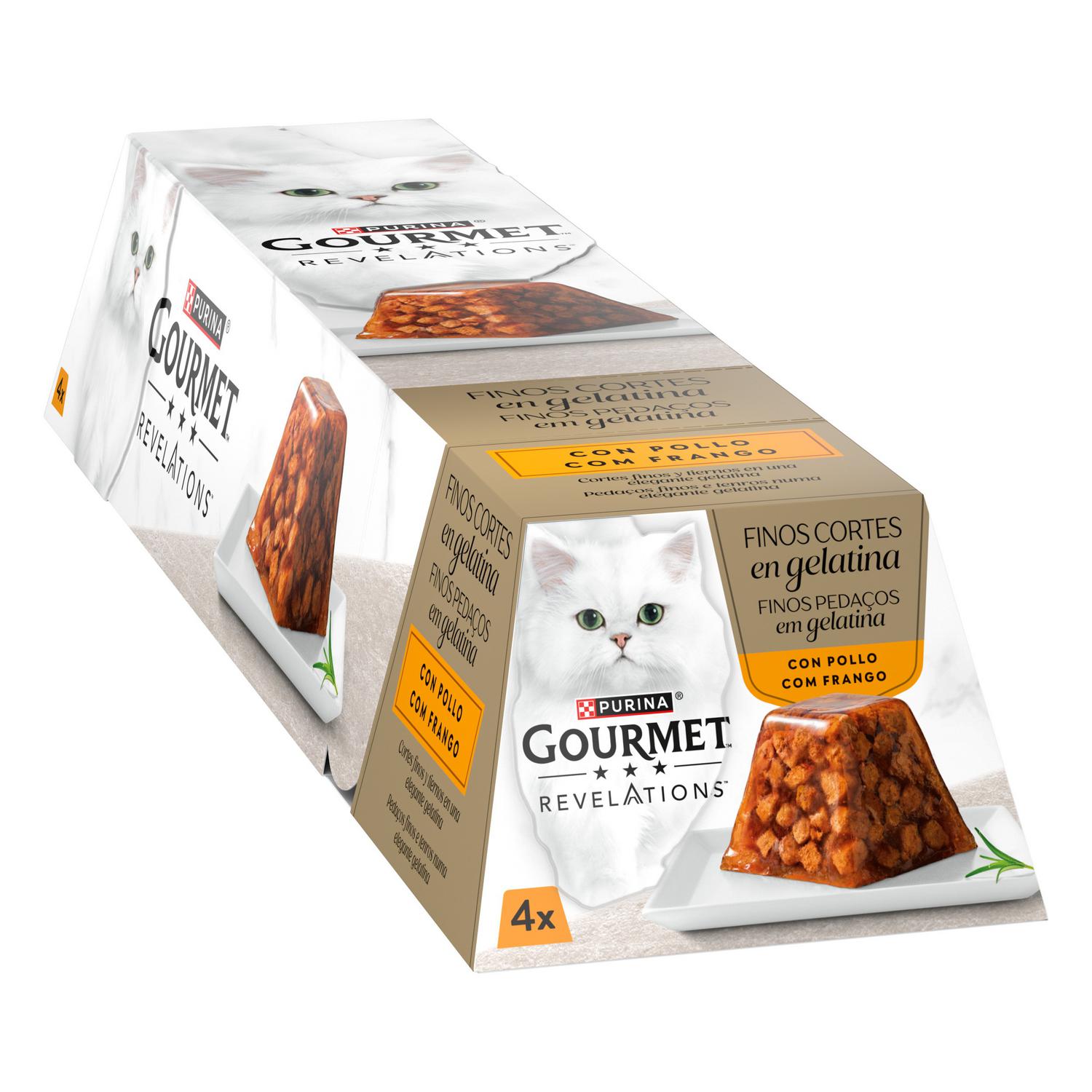 Comida húmeda en gelatina con pollo para gatos adulto Purina Gourmet Revelations 4x57 g.