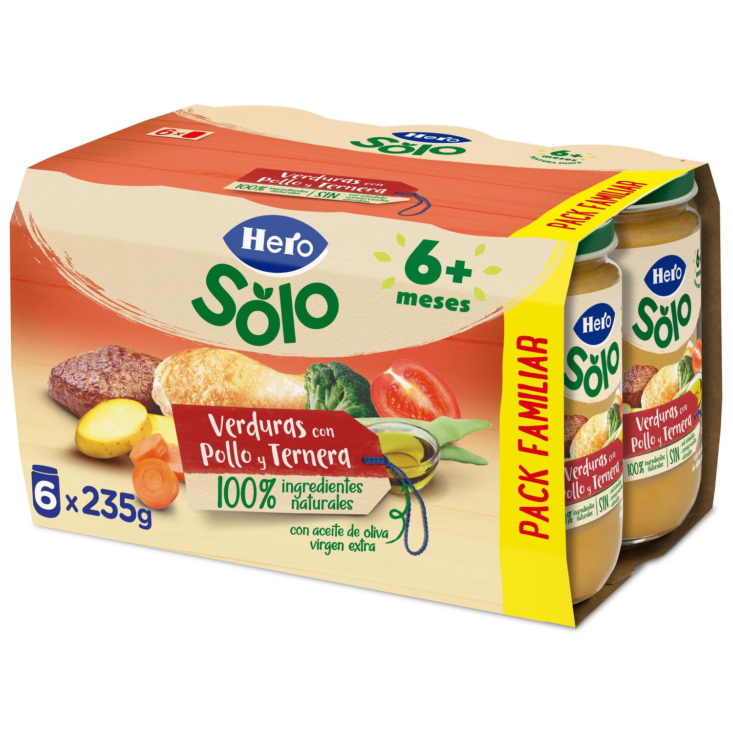 Tarrito de verduras con pollo y ternera desde 6 meses Hero Solo sin gluten pack de 6 unidades de 235 g.