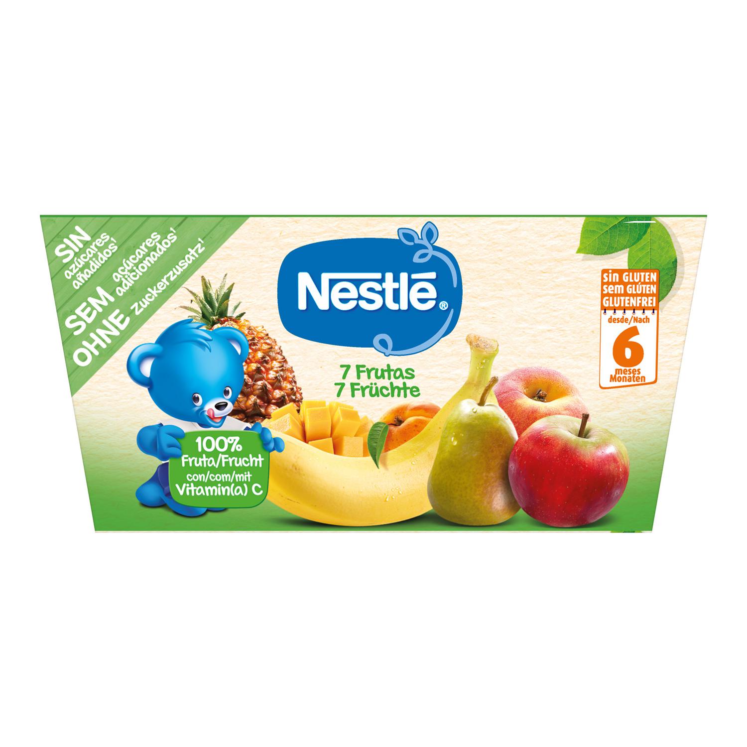 Preparado 7 frutas desde 6 meses Nestlé sin gluten, sin lactosa y sin azúcar añadido pack de 4 unidades de 100 g.