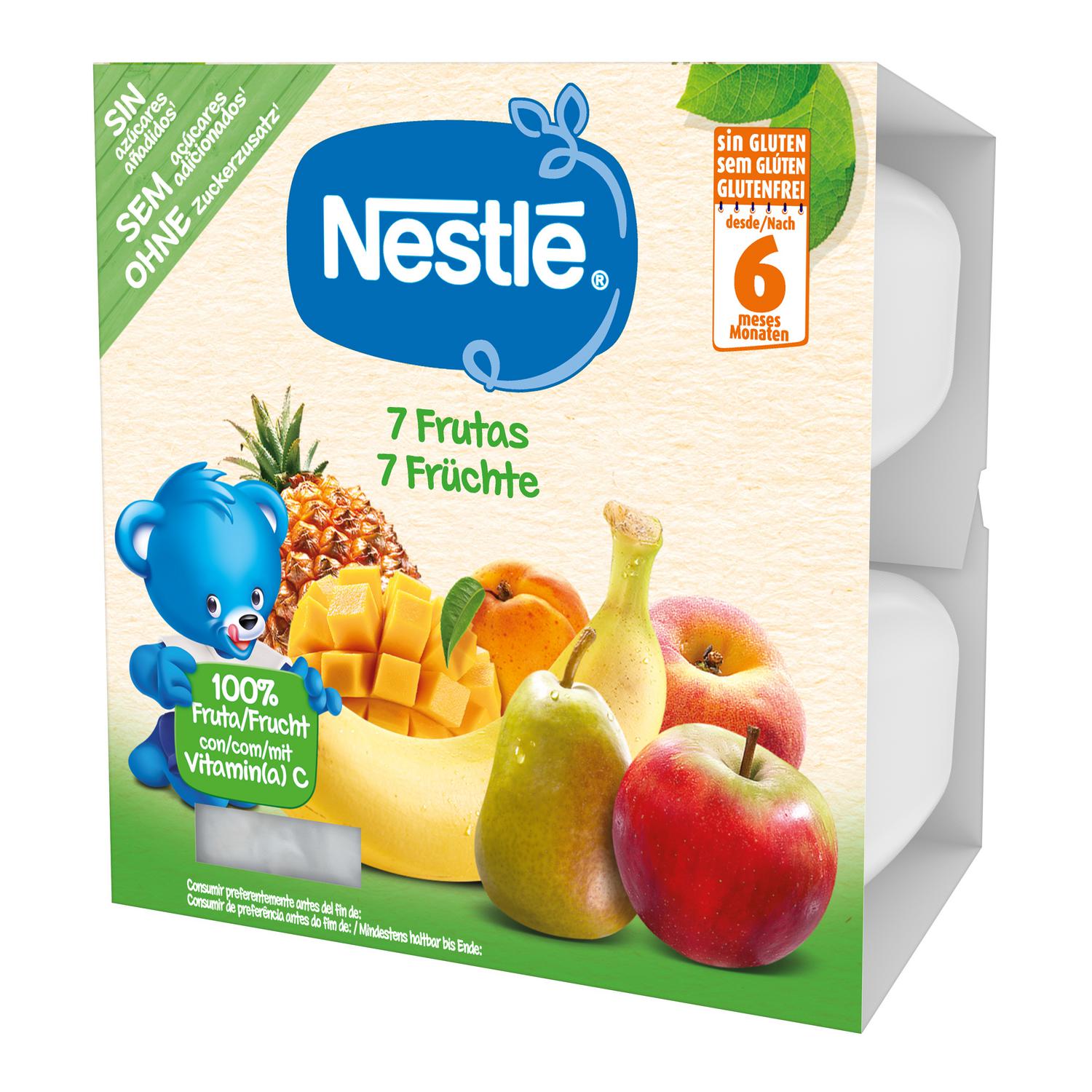 Preparado 7 frutas desde 6 meses Nestlé sin gluten, sin lactosa y sin azúcar añadido pack de 4 unidades de 100 g.