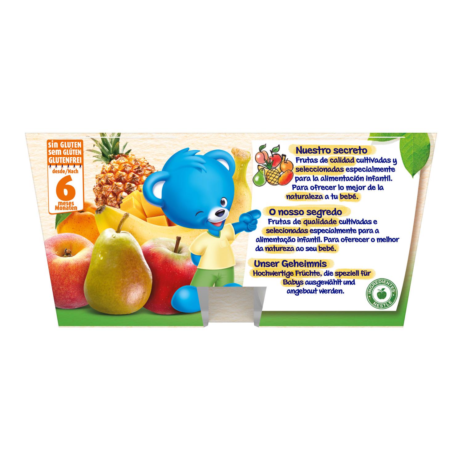 Preparado 7 frutas desde 6 meses Nestlé sin gluten, sin lactosa y sin azúcar añadido pack de 4 unidades de 100 g.