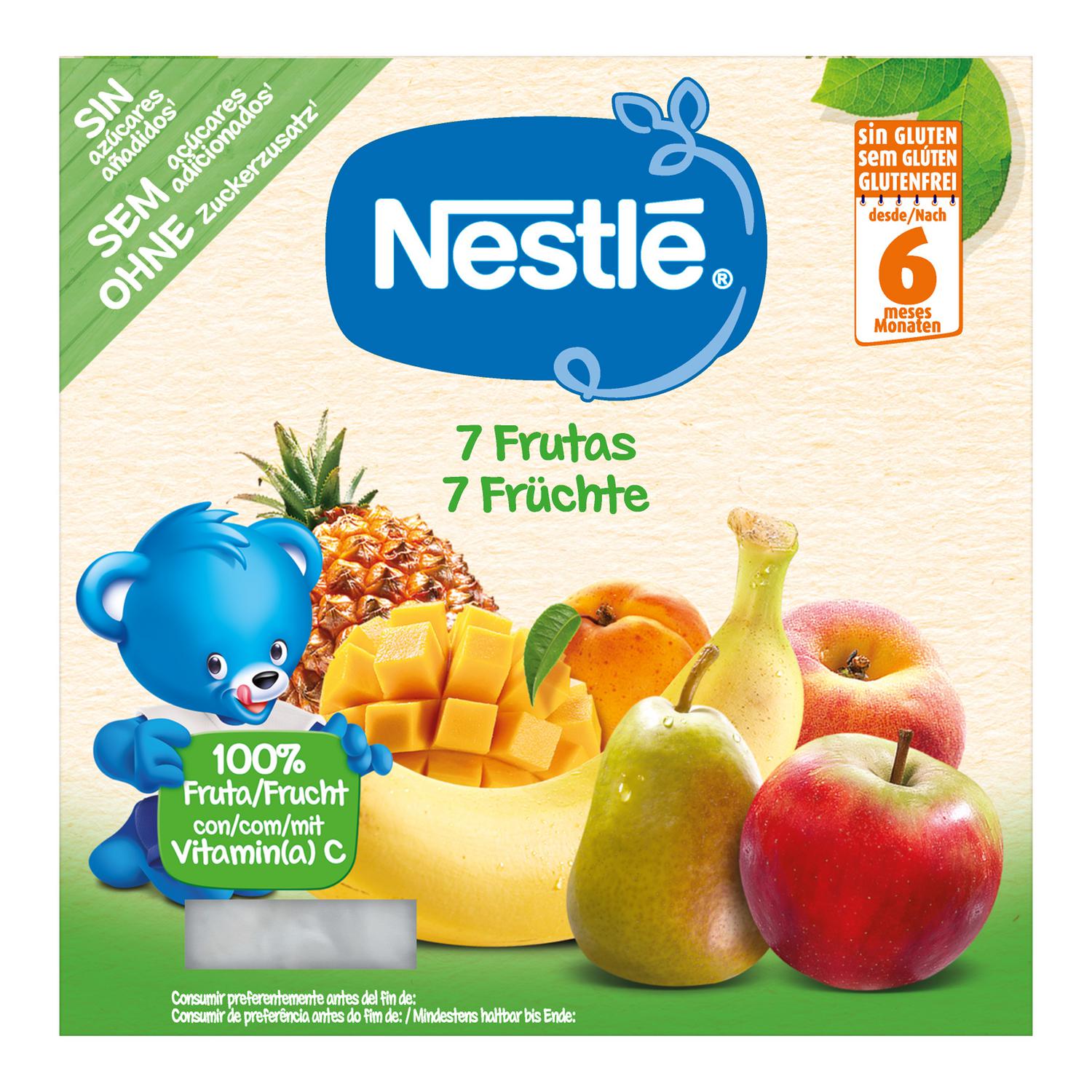 Preparado 7 frutas desde 6 meses Nestlé sin gluten, sin lactosa y sin azúcar añadido pack de 4 unidades de 100 g.