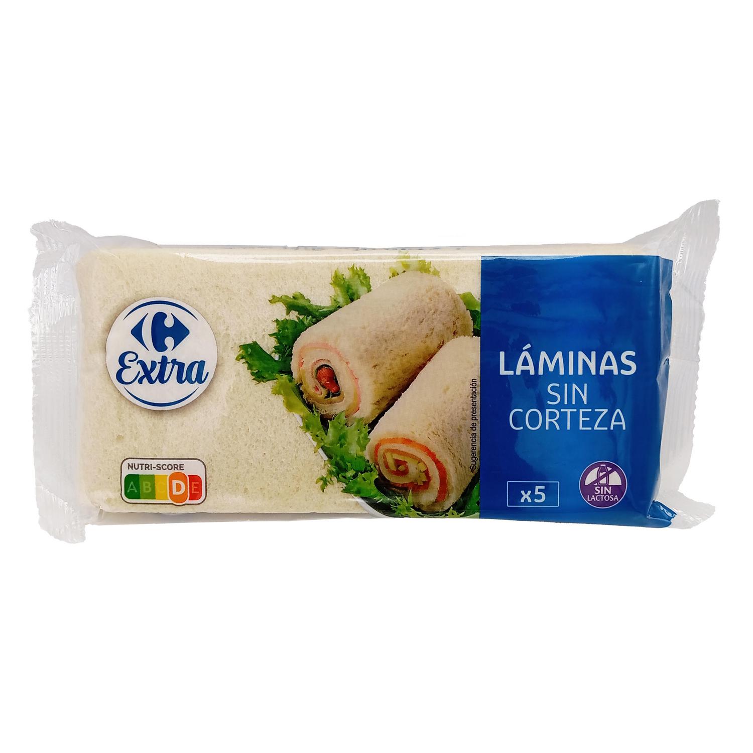 Láminas de pan de molde blanco sin corteza Carrefour Extra sin lactosa 250 g.