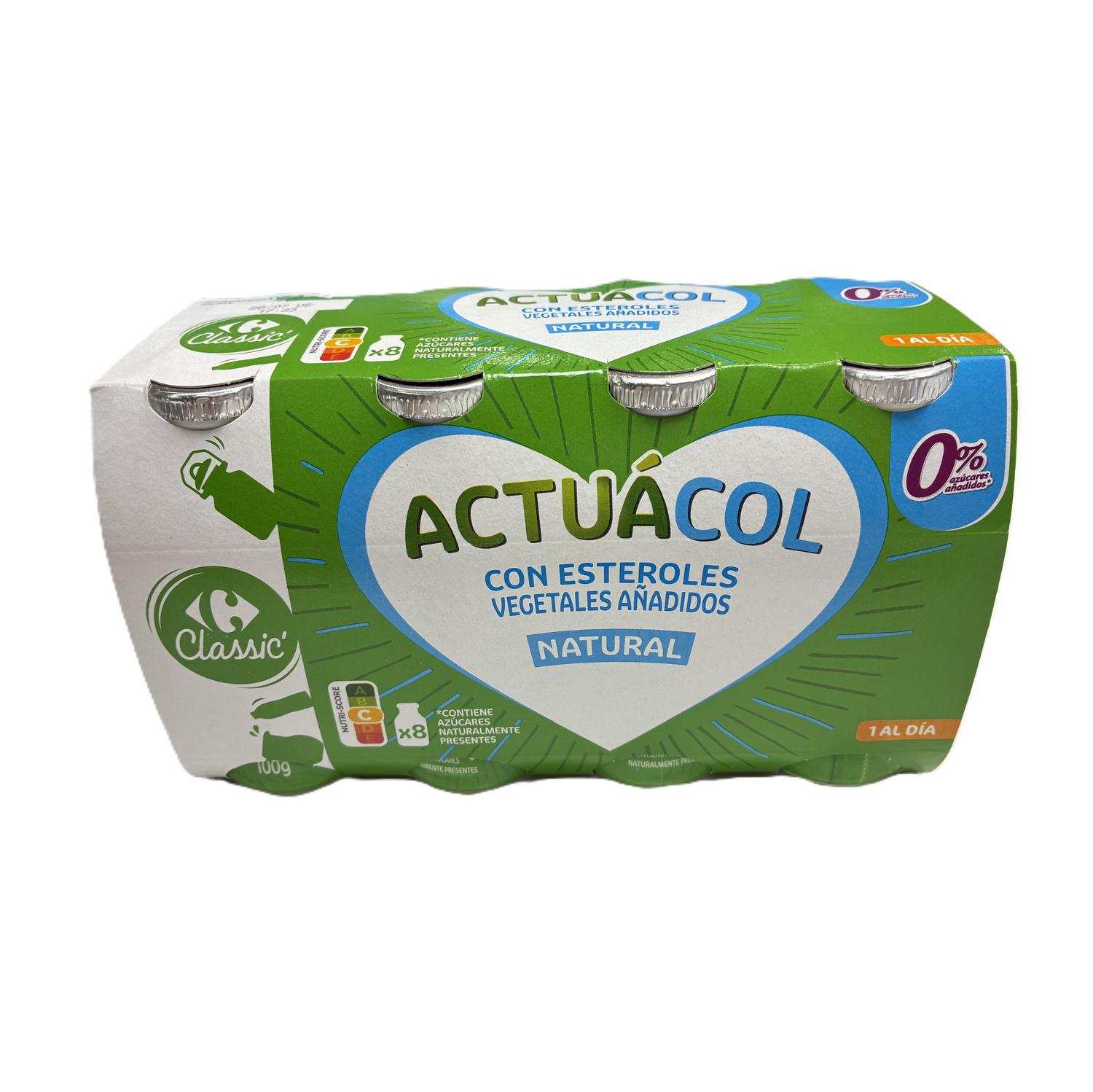 Leche fermentada desnatada natural Actuácol Carrefour Classic pack de 8 unidades de 100 g