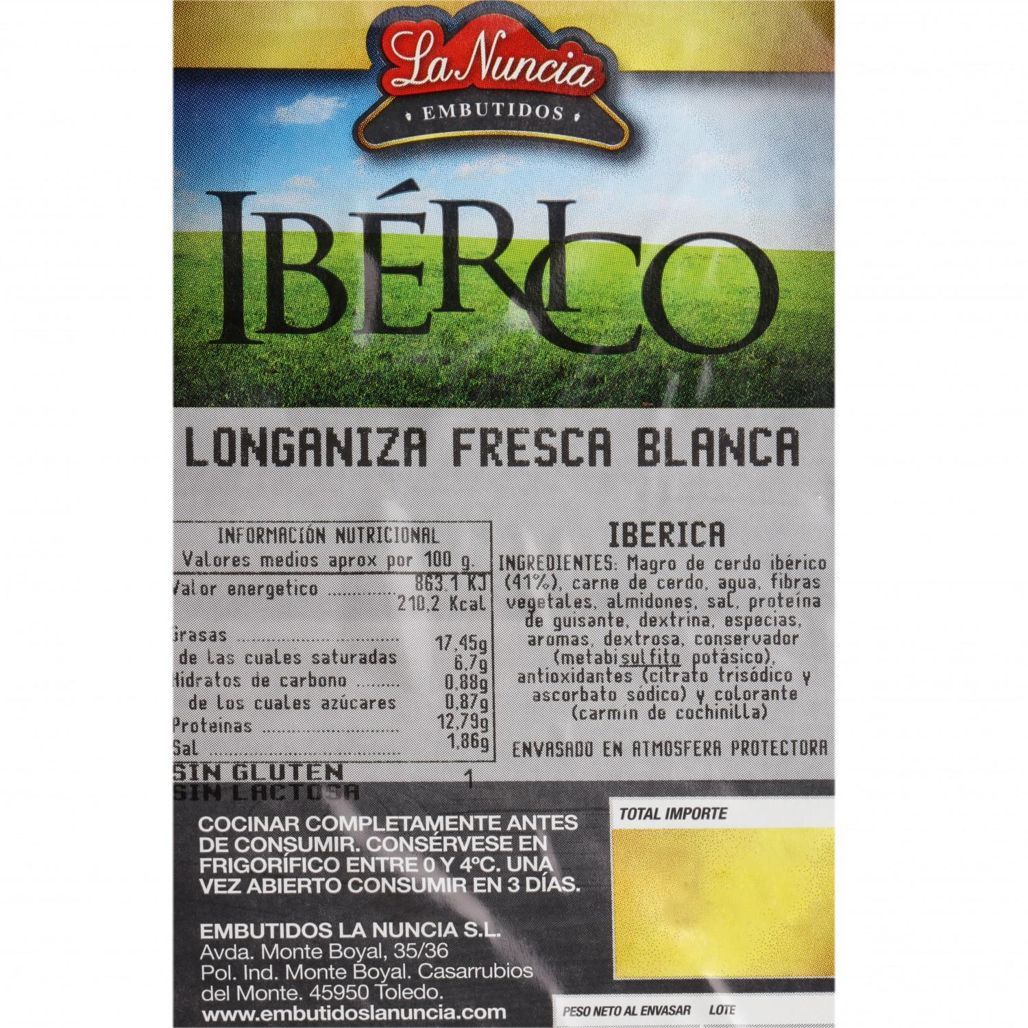 Longaniza blanca fresca de cerdo ibérico Carrefour 400 g aprox