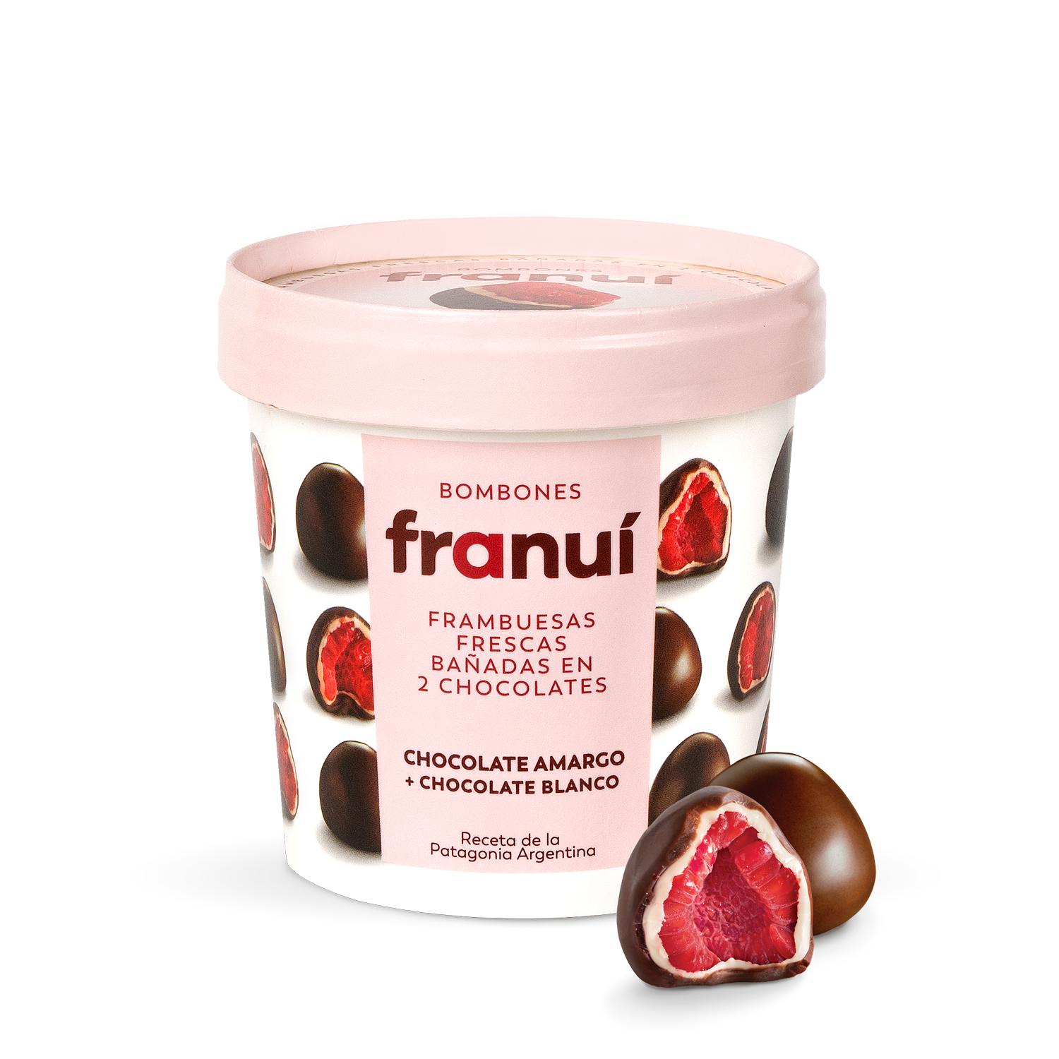 Bombones helados de frambuesa bañada en chocolate blanco y negro Franui sin gluten 150 g.
