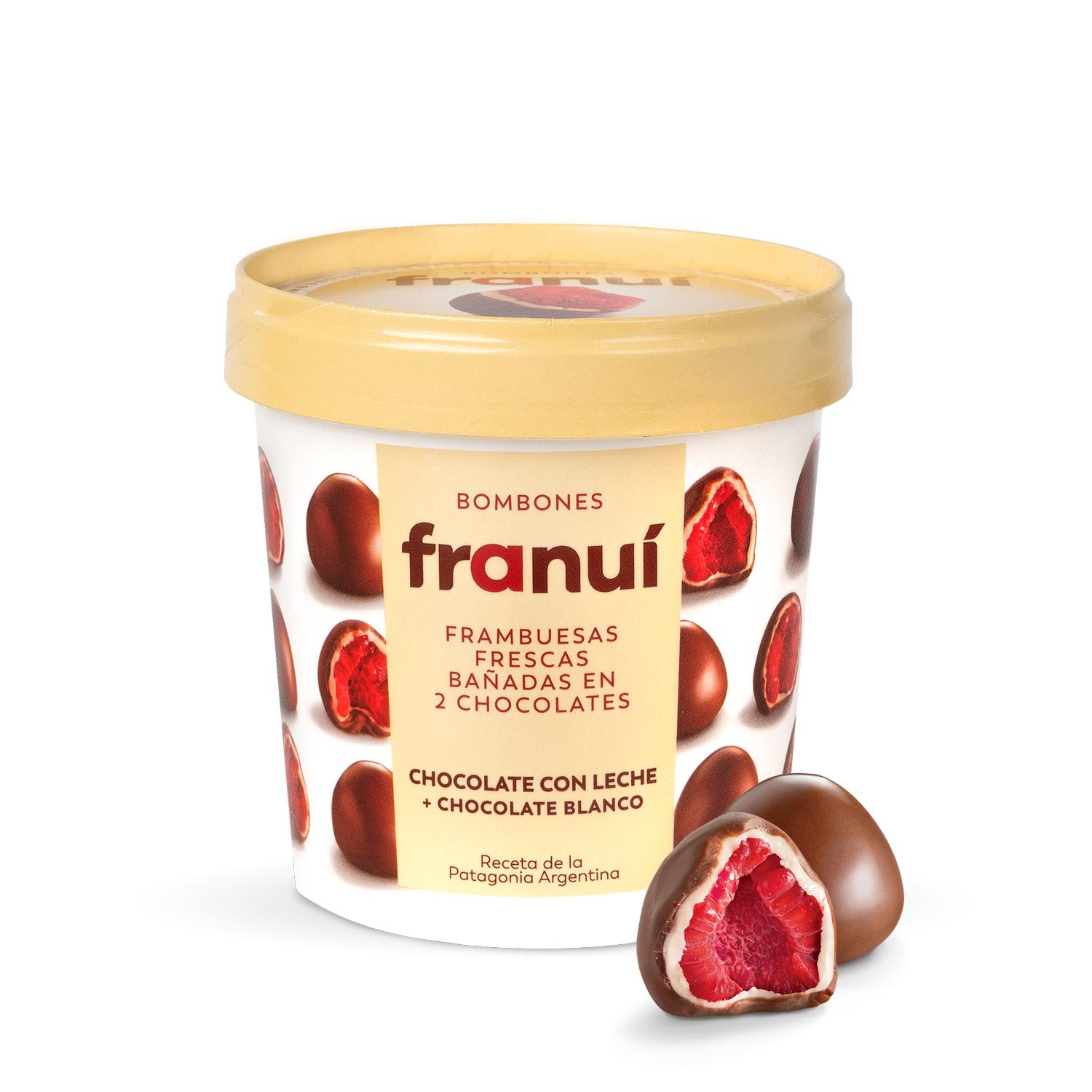 Bombones helados de frambuesa bañada en chocolate blanco y con leche Franui sin gluten 150 g.