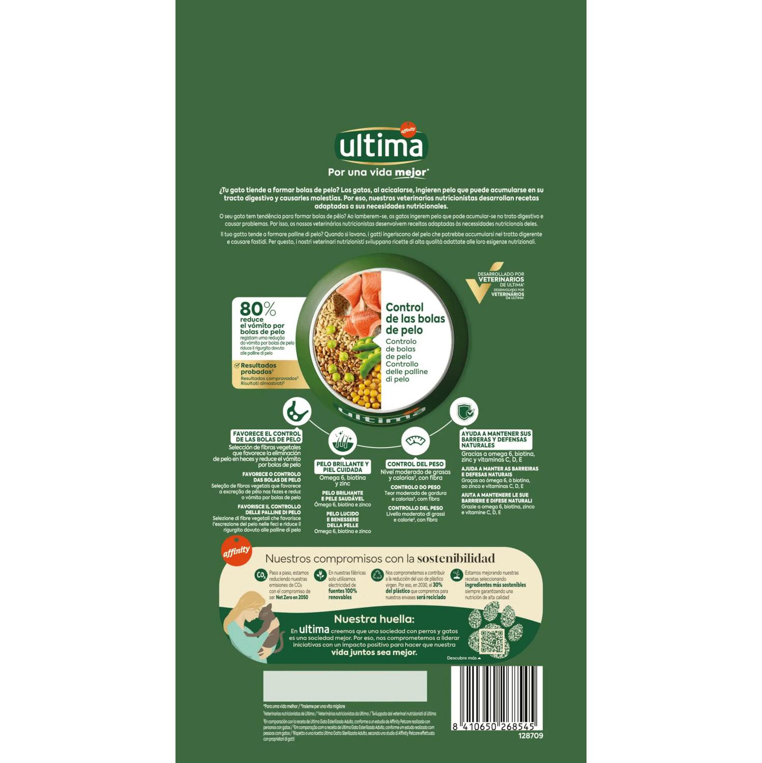 Pienso esterilizado bolas pelo de trucha para gatos Ultima 1,5 kg.