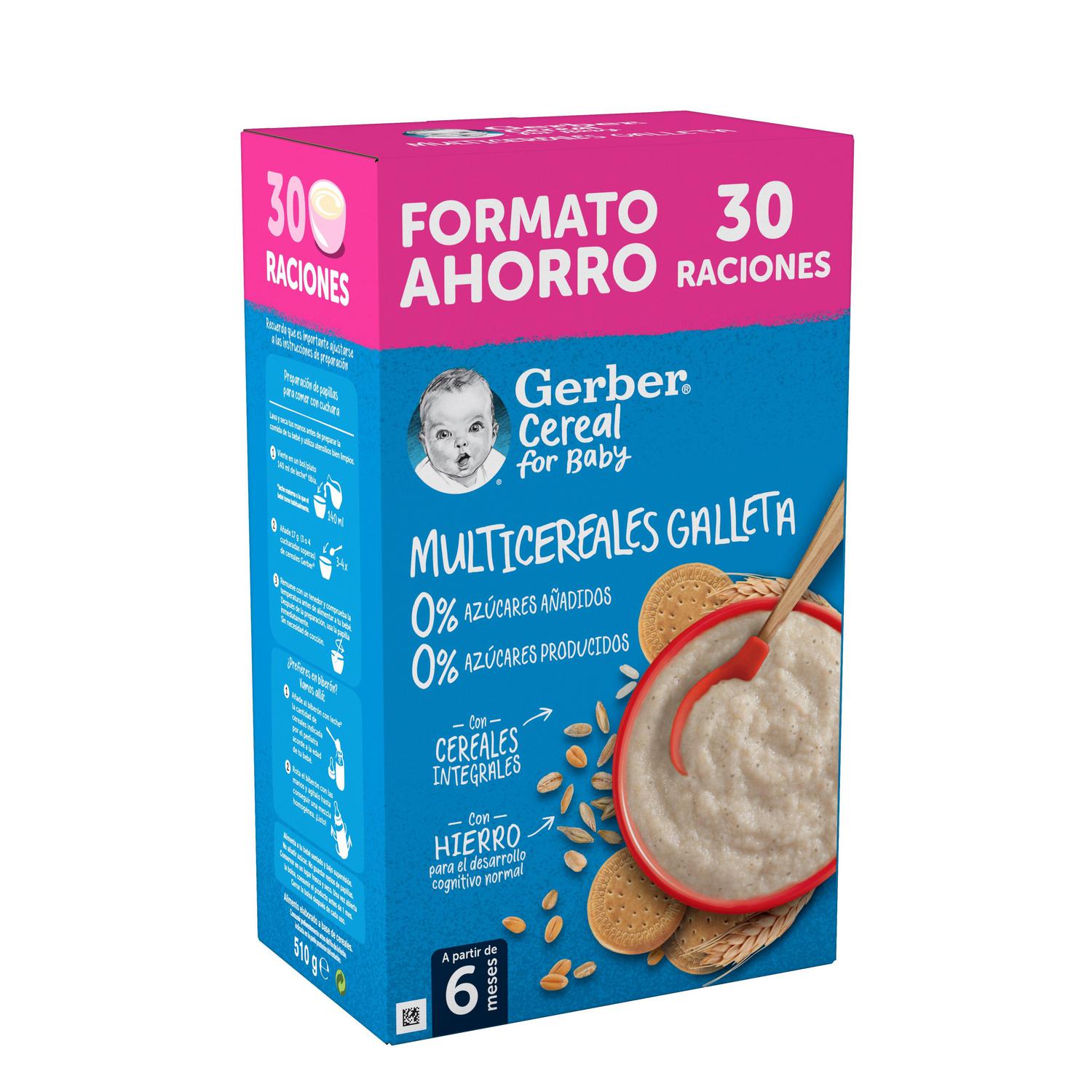 Papilla infantil desde 6 meses Gerber multicereales galleta sin azúcar añadido 510 g.