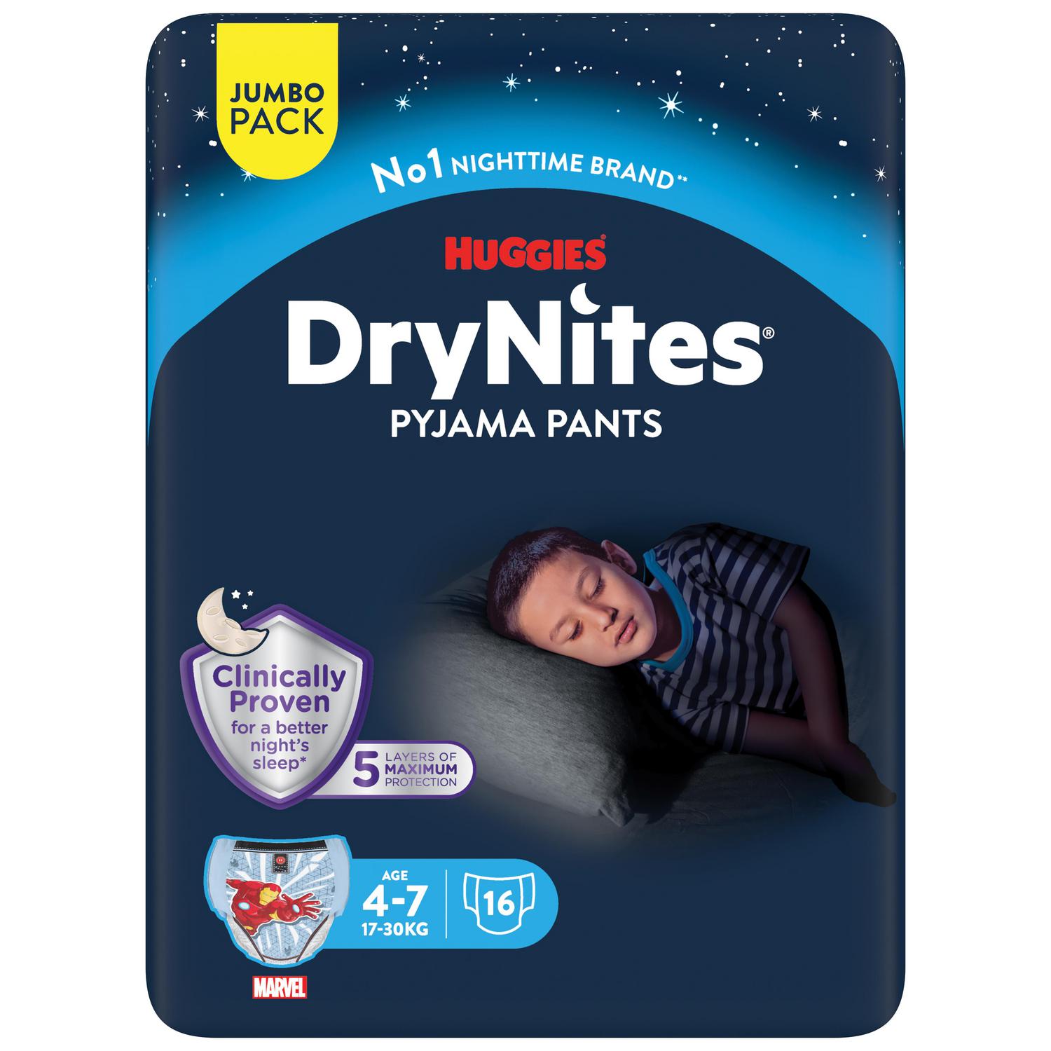 Ropa interior absorbente niño noche DryNites 4-7 años (17-30 kg.) 16 ud.