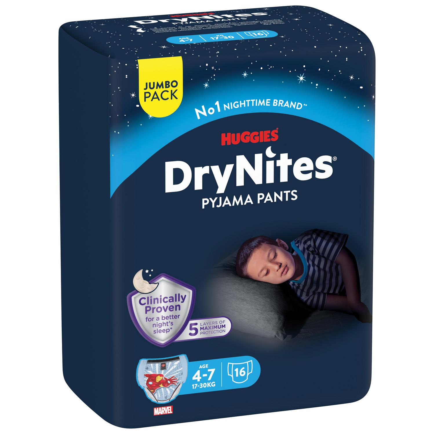 Ropa interior absorbente niño noche DryNites 4-7 años (17-30 kg.) 16 ud.