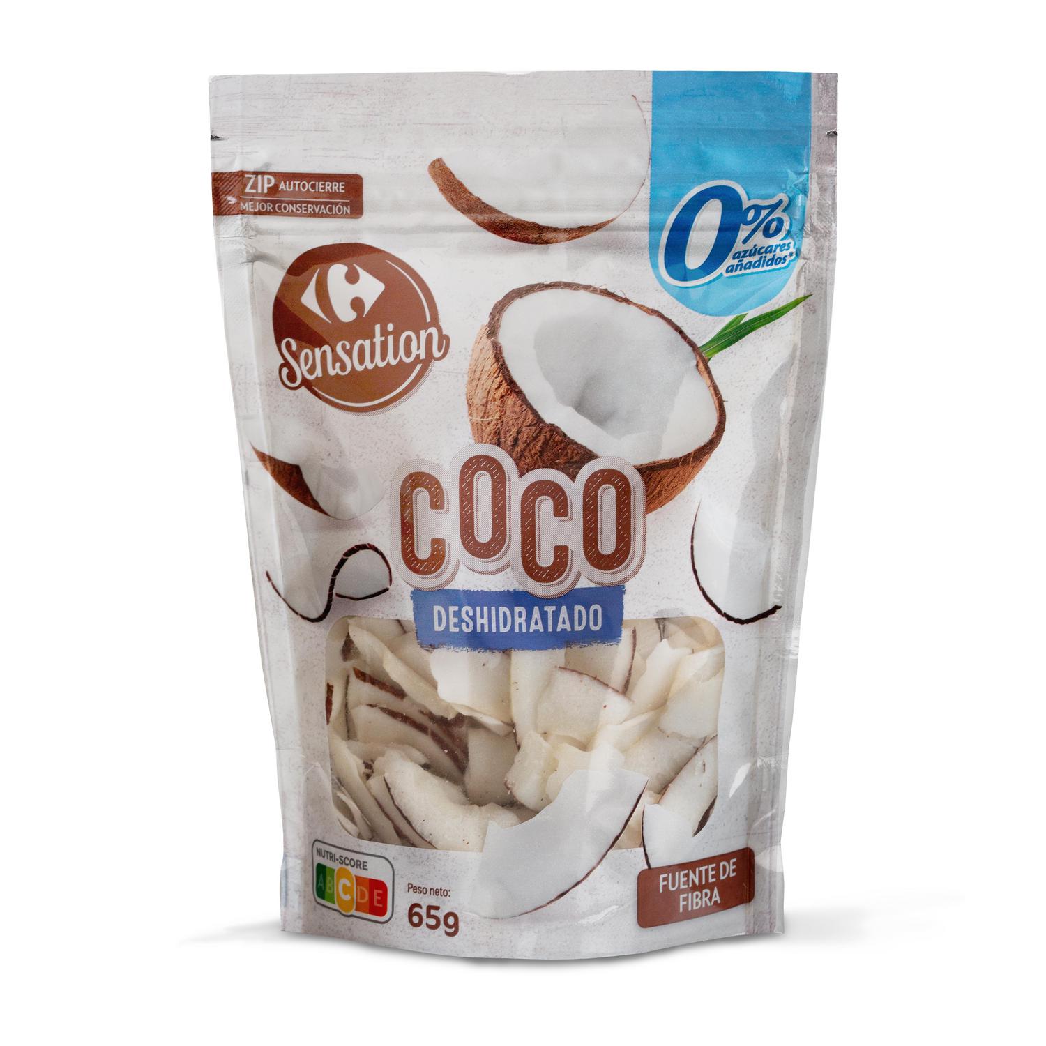 Chips de coco desidratado en tiras Sensation Carrefour sin azúcar añadido doy pack 65 g.
