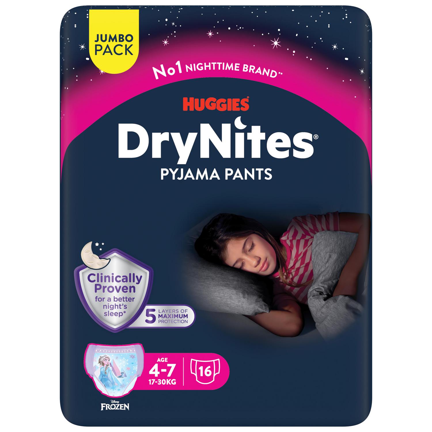 Ropa interior absorbente niña noche DryNites 4-7 años (17-30 kg.) 16 ud.