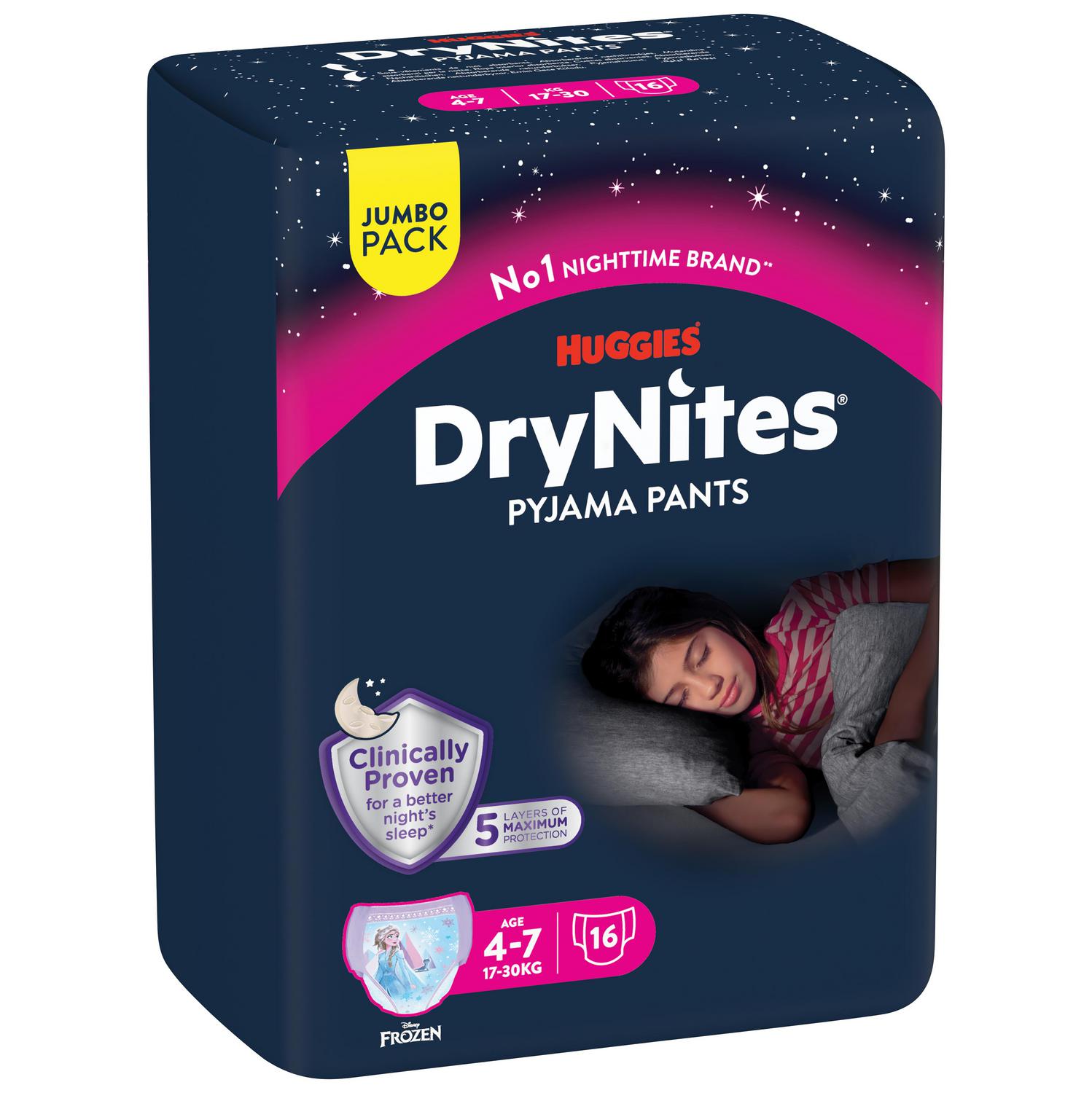 Ropa interior absorbente niña noche DryNites 4-7 años (17-30 kg.) 16 ud.