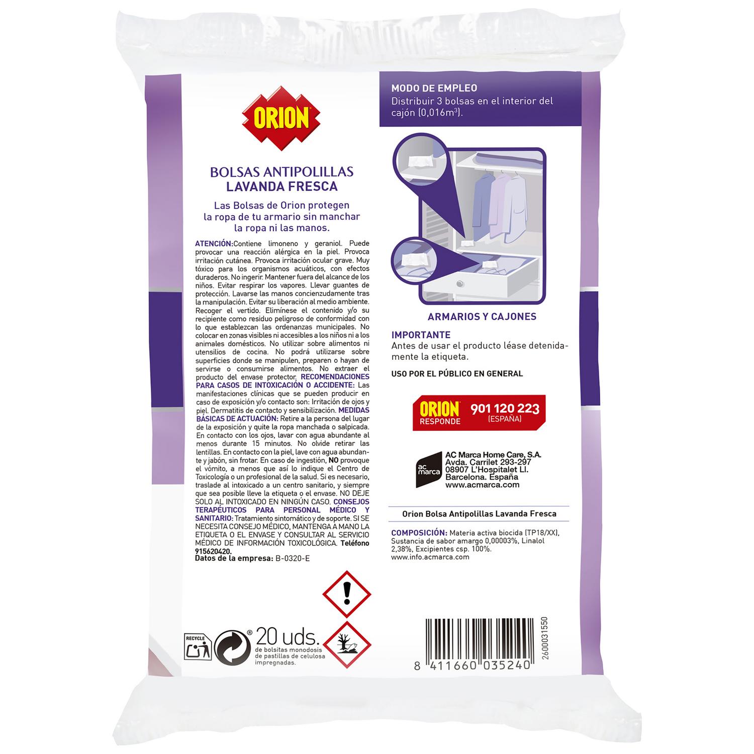 Bolsas antipolillas aroma lavanda fresca Orion 20 ud.