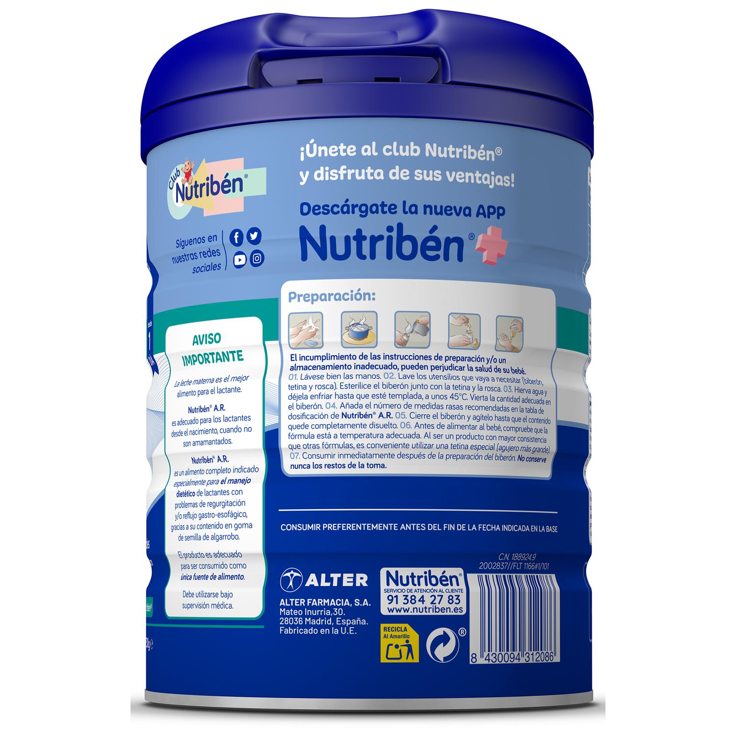Leche infantil para lactantes en polvo Nutribén A.R. lata 800 g.