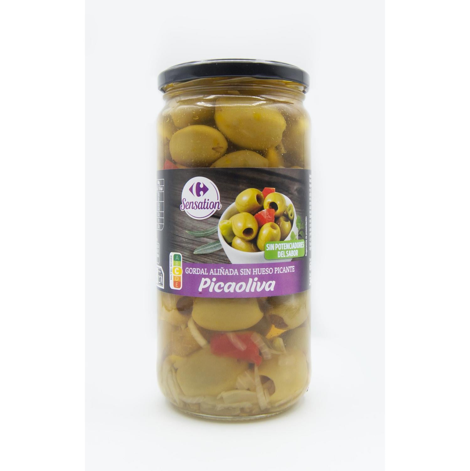 Aceituna sin hueso aliñada picante Picaoliva Sensation Carrefour 340 g.