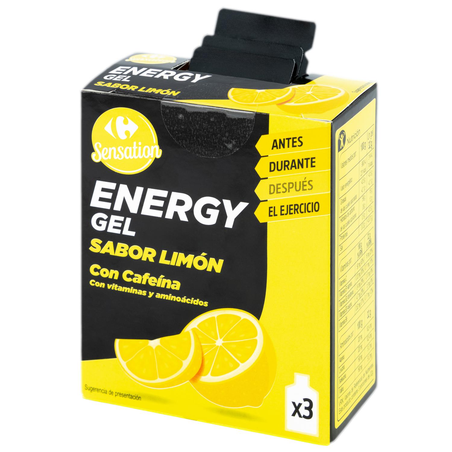 Gel energético con cafeína, vitaminas y aminoácidos sabor limón Sensation Carrefour pack 3 ud.