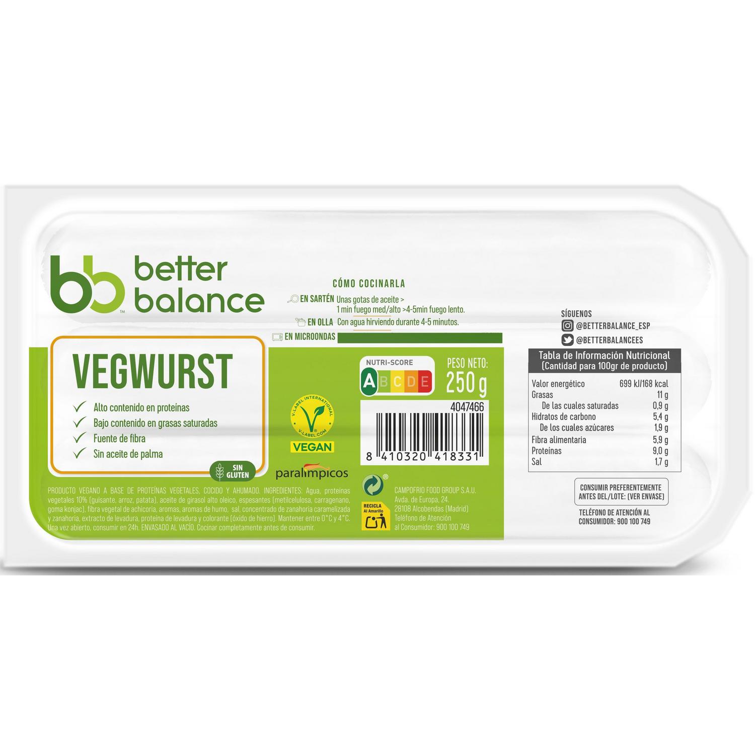 Salchicha jumbo vegana Better Balance sin glluten 250 g.