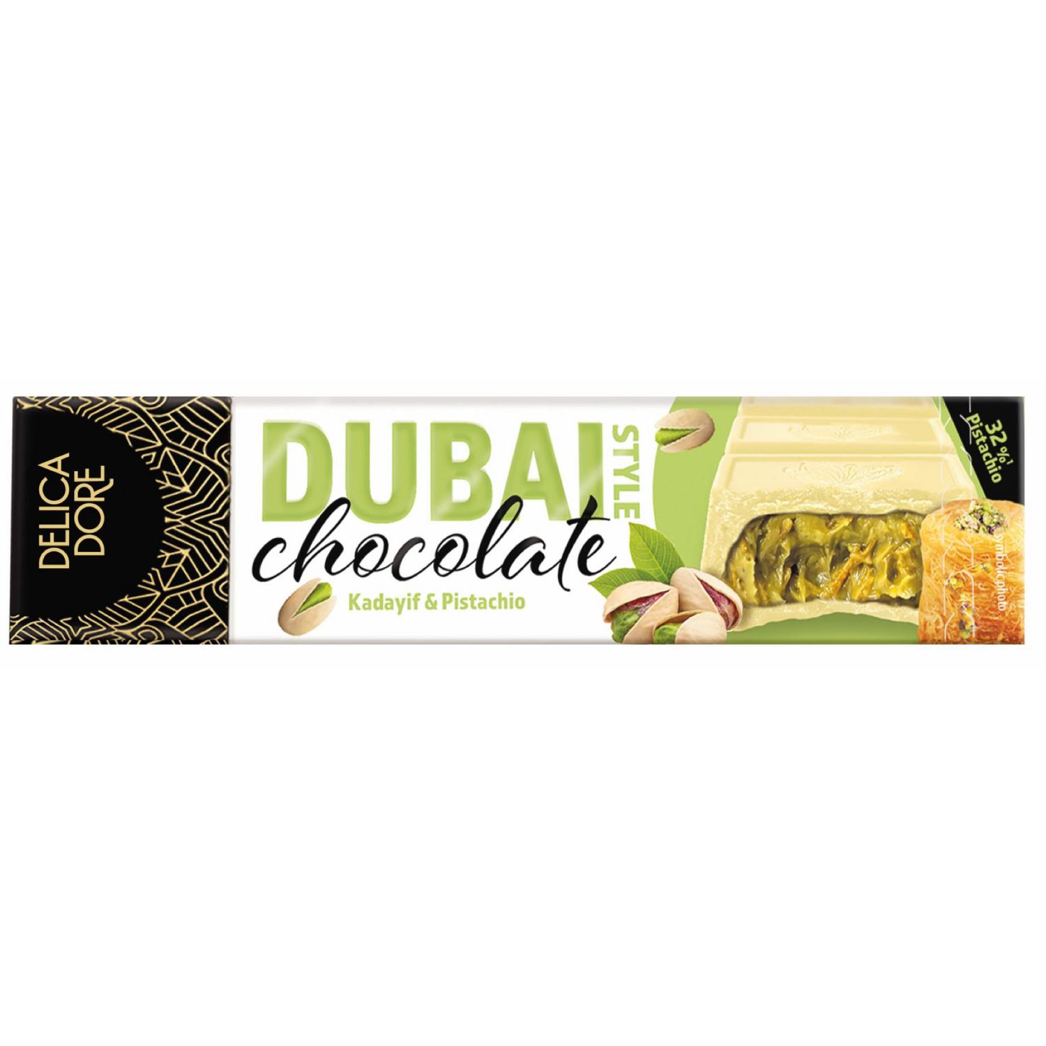 Chocolate con leche blanco relleno kadayif y crema de pistacho Dubai Style 70 g.