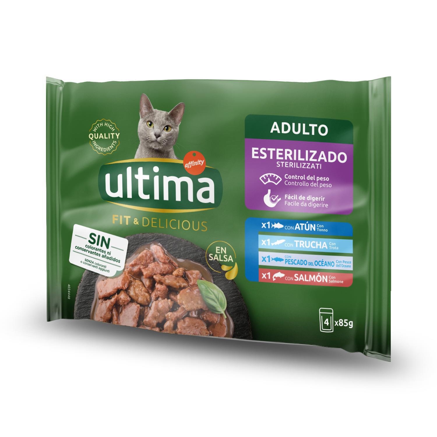 Comida húmeda selección de pescados para gatos esterilizados adultos Ultima Fit & Delicious 4x85 g