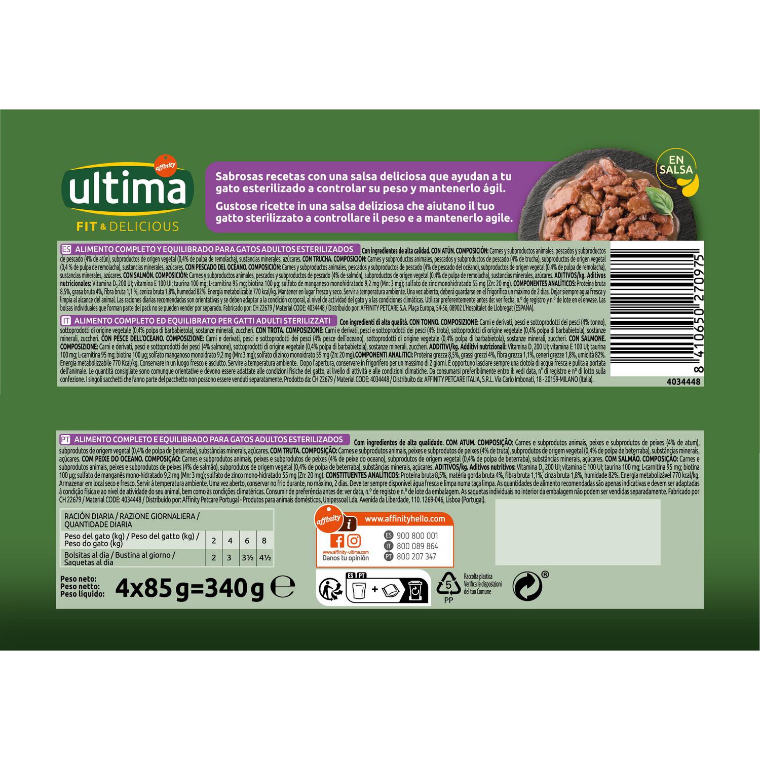 Comida húmeda selección de pescados para gatos esterilizados adultos Ultima Fit & Delicious 4x85 g