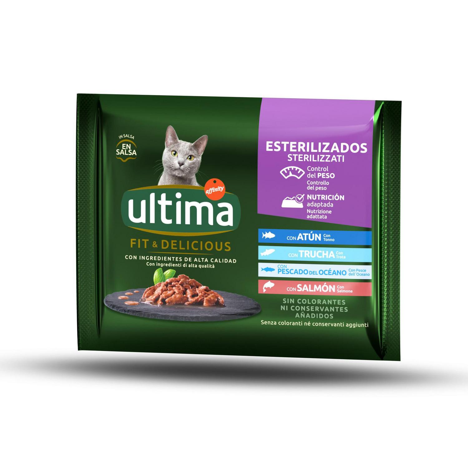 Comida húmeda selección de pescados para gatos esterilizados adultos Ultima Fit & Delicious 4x85 g
