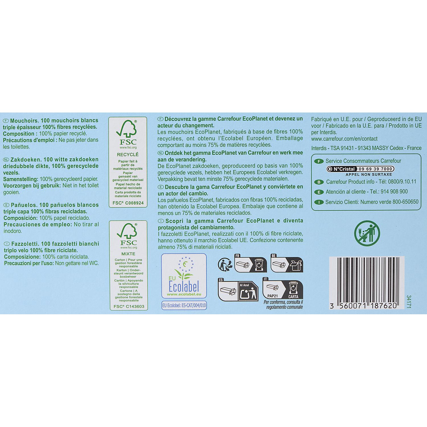 Pañuelos 3 capas resistente ecológico Carrefour Ecoplanet 100 ud.