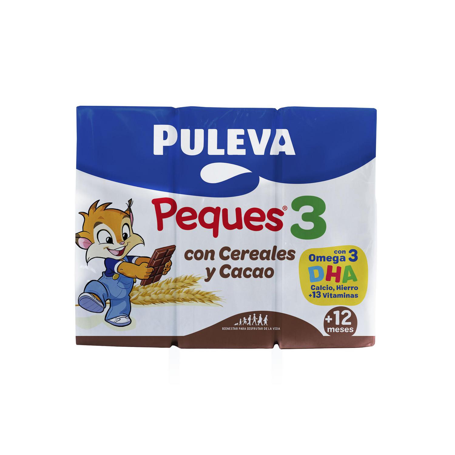 Preparado lácteo infantil de crecimiento con cereales y cacao +12 meses Puleva Peques 3 pack de 3 unidades de 200 ml.
