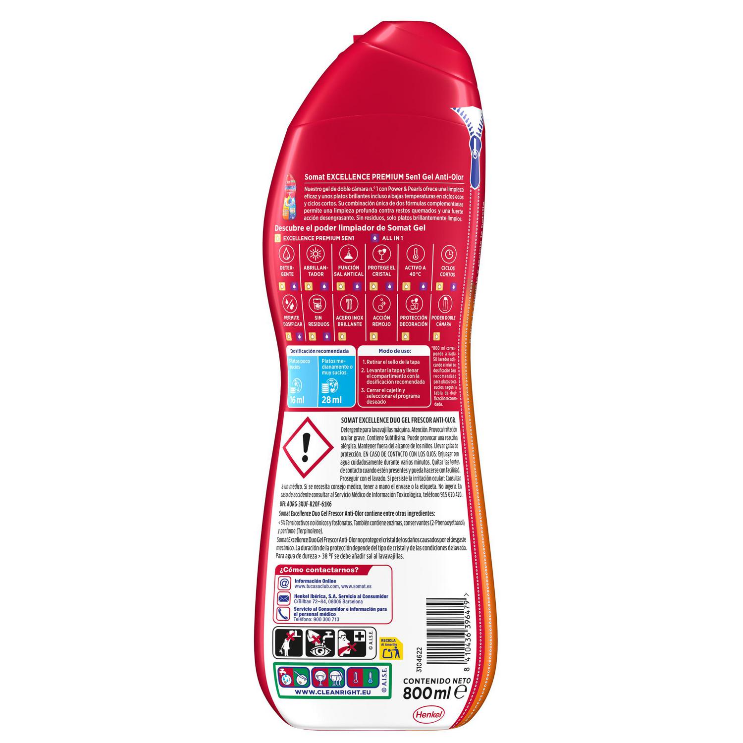 Gel para lavavajillas frescor anti-olor Excellence Duo Gel Somat 50 lavados.