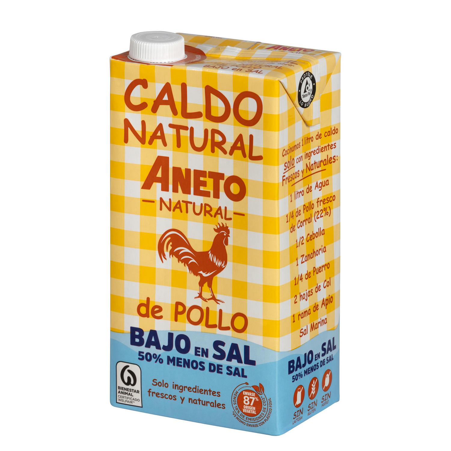 Caldo natural de pollo bajo en sal Aneto sin gluten y sin lactosa brik 1 l.