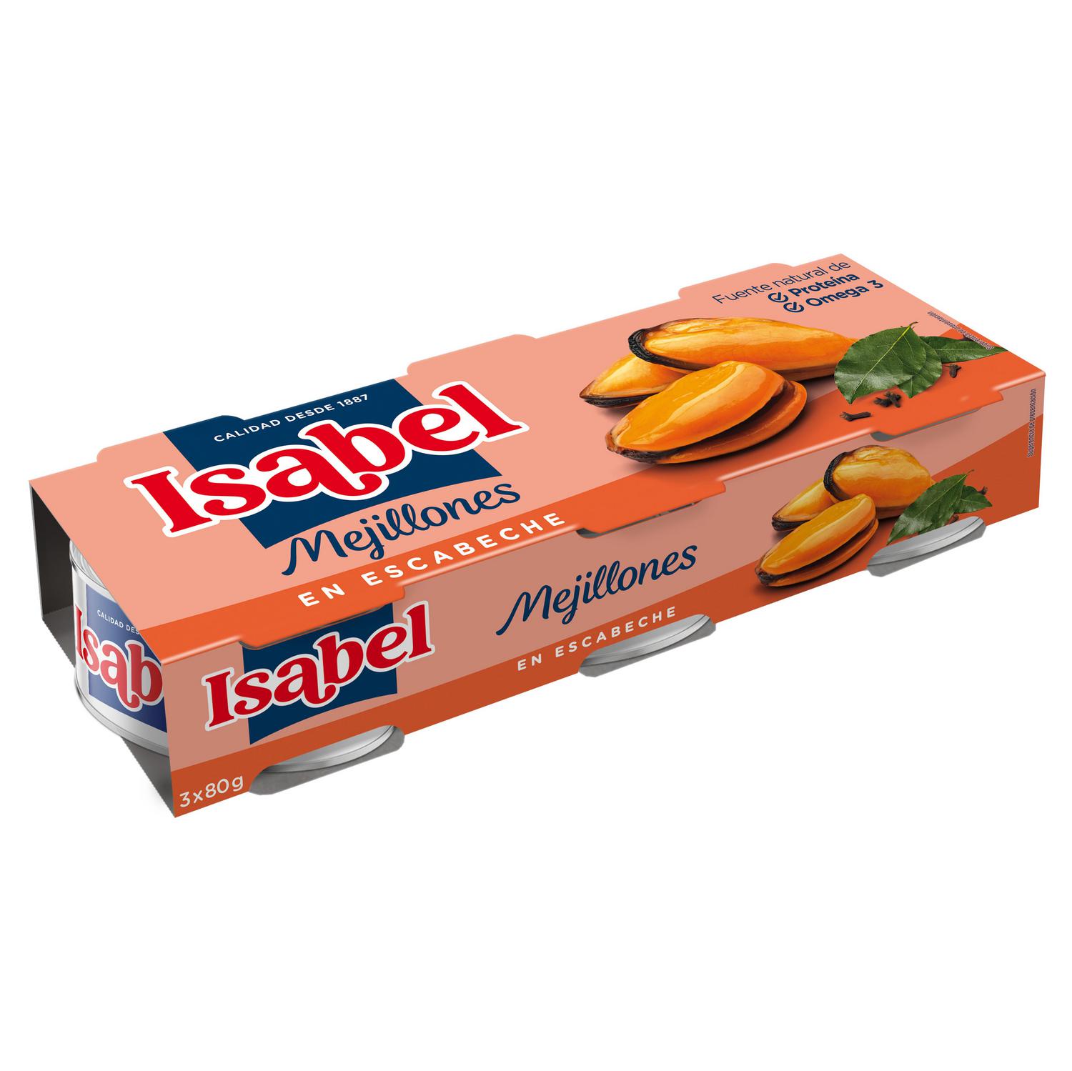 Mejillones en escabeche Isabel sin gluten y sin lactosa pack 3 unidades de 43 g.