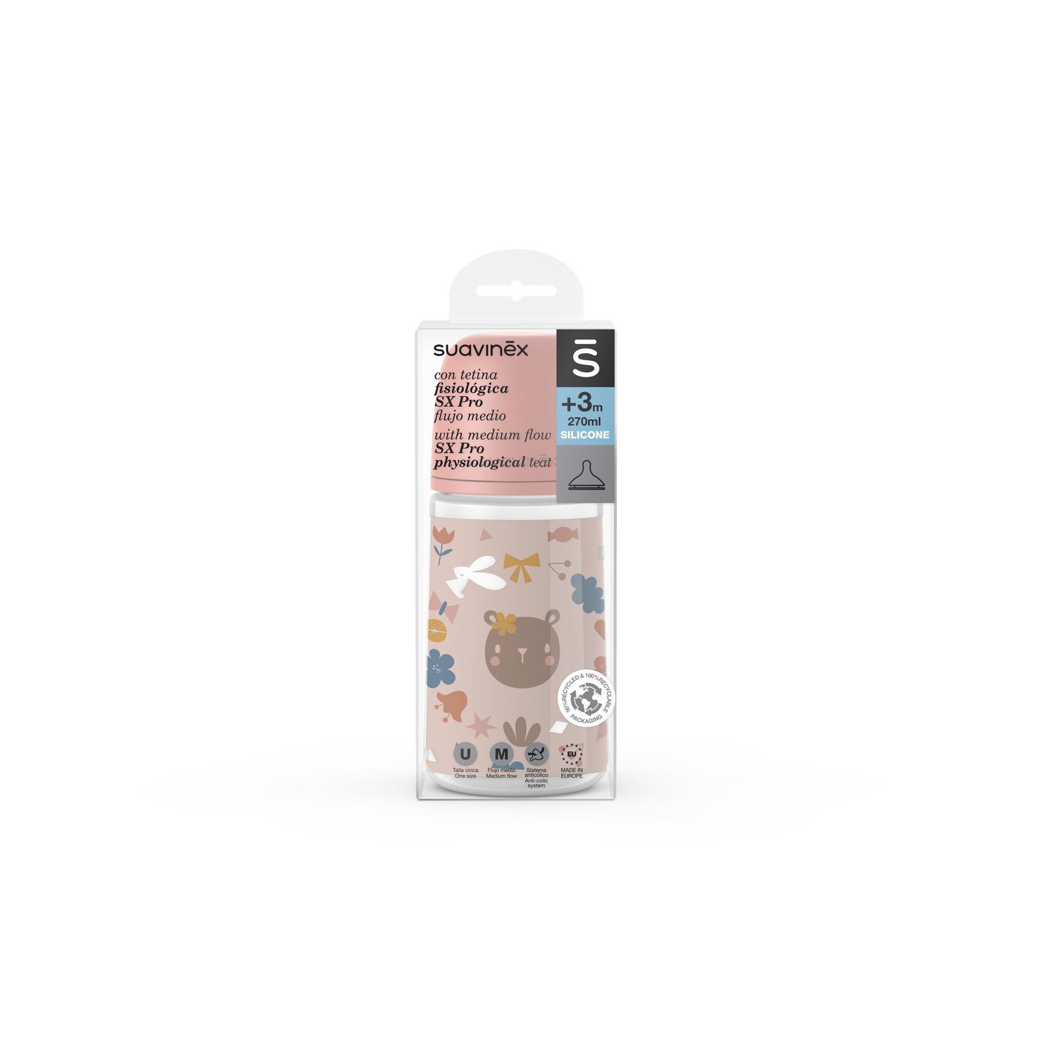 Biberón con tetina silicona fisiológica SX Pro flujo medio +3 meses Suavinex 270 ml.