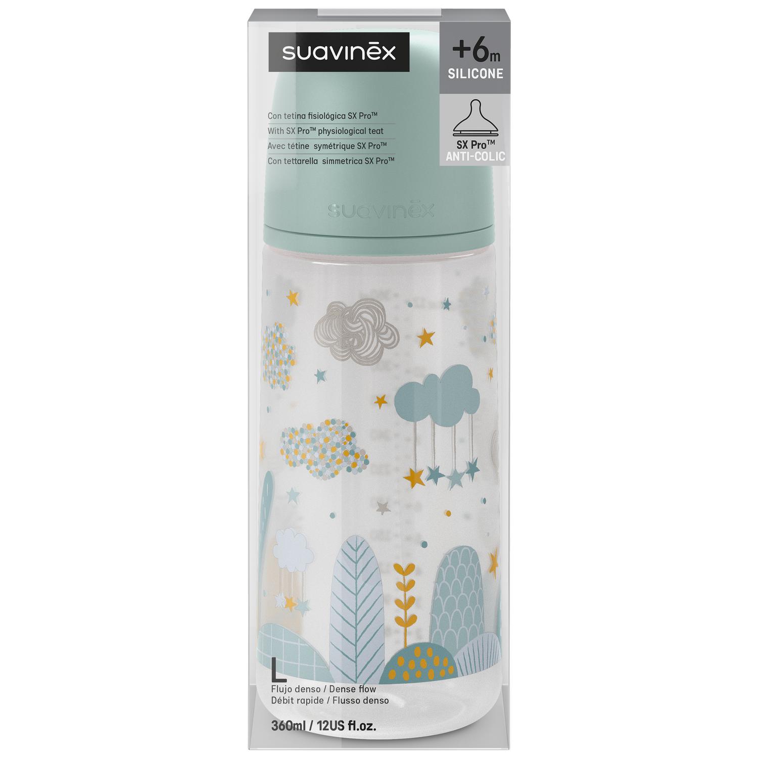 Biberón con tetina de silicona fisiológica SX Pro flujo denso +6 meses Suavinex 360 ml.