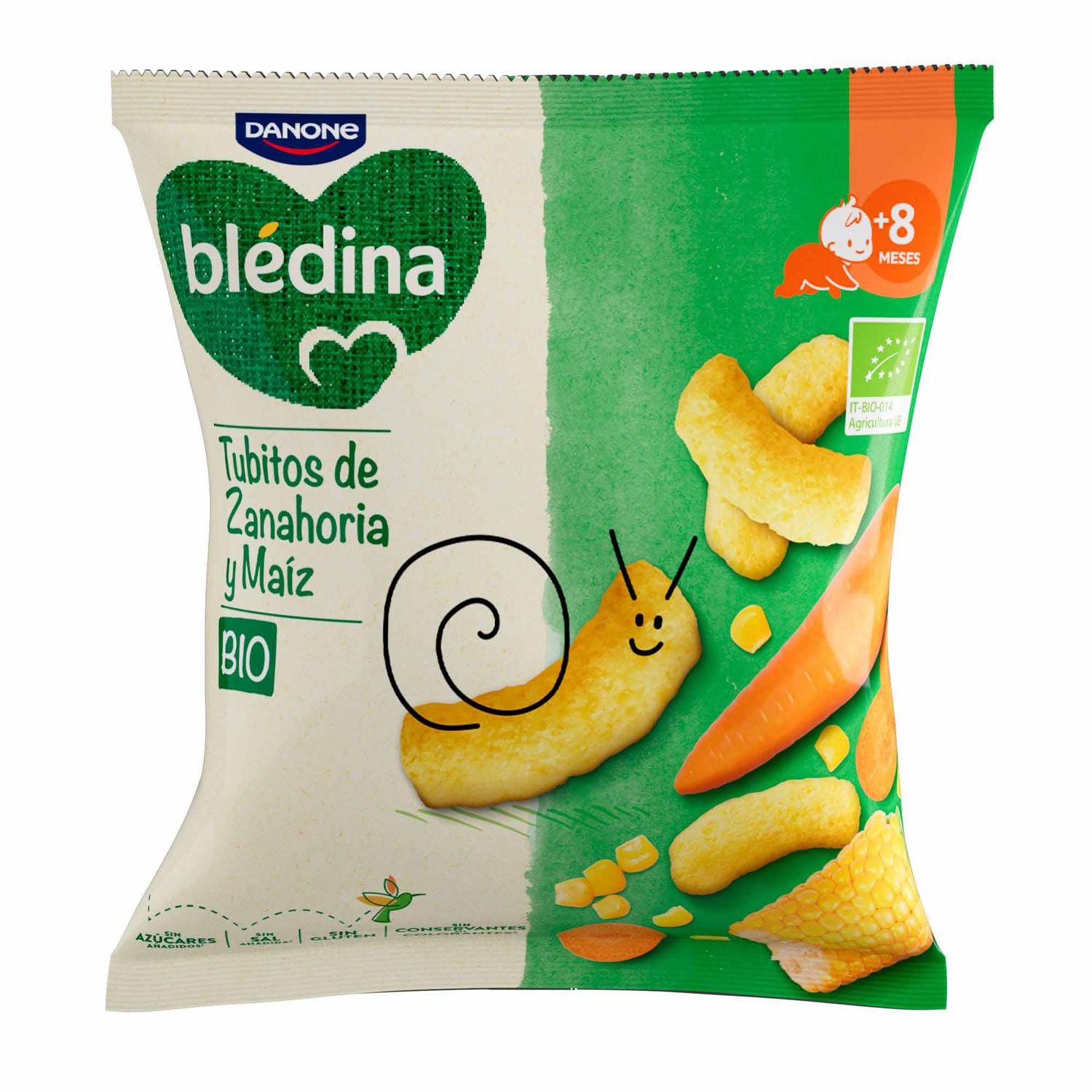 Snack infantil tubitos de zanahoria y maíz desde 8 meses ecológico Danone Blédina sin gluten y sin azúcar añadido 20 g.