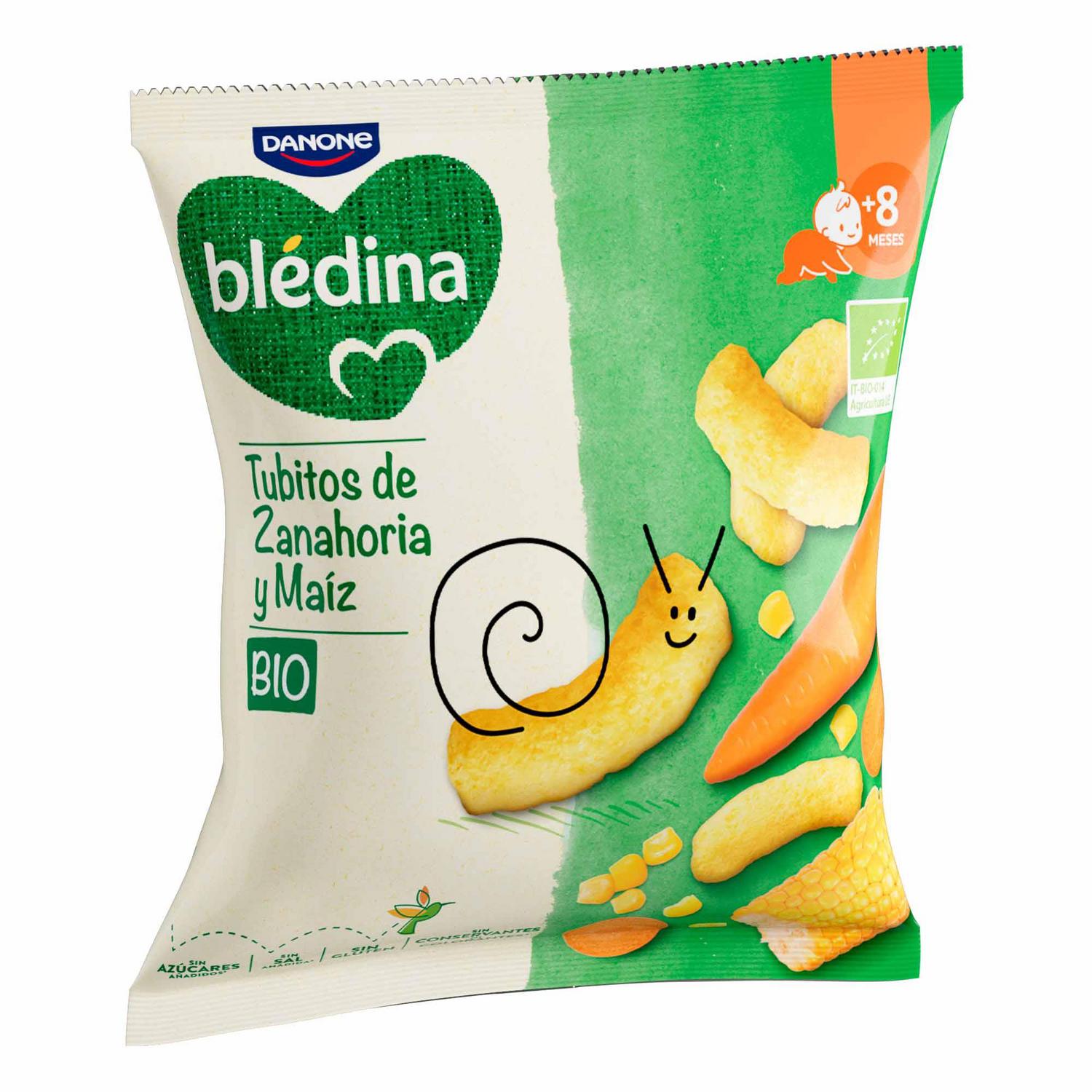 Snack infantil tubitos de zanahoria y maíz desde 8 meses ecológico Danone Blédina sin gluten y sin azúcar añadido 20 g.