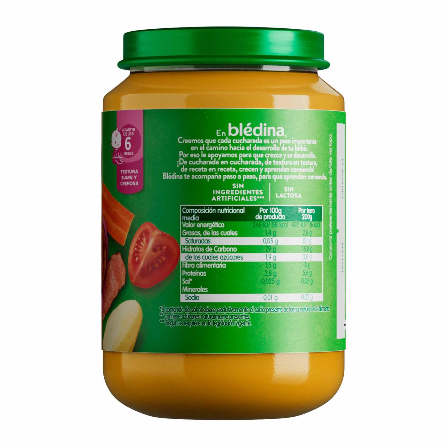 Tarrito de verduras y ternera desde 6 meses Danone Blédina sin gluten, sin lactosa y sin azúcar añadido 200 g.