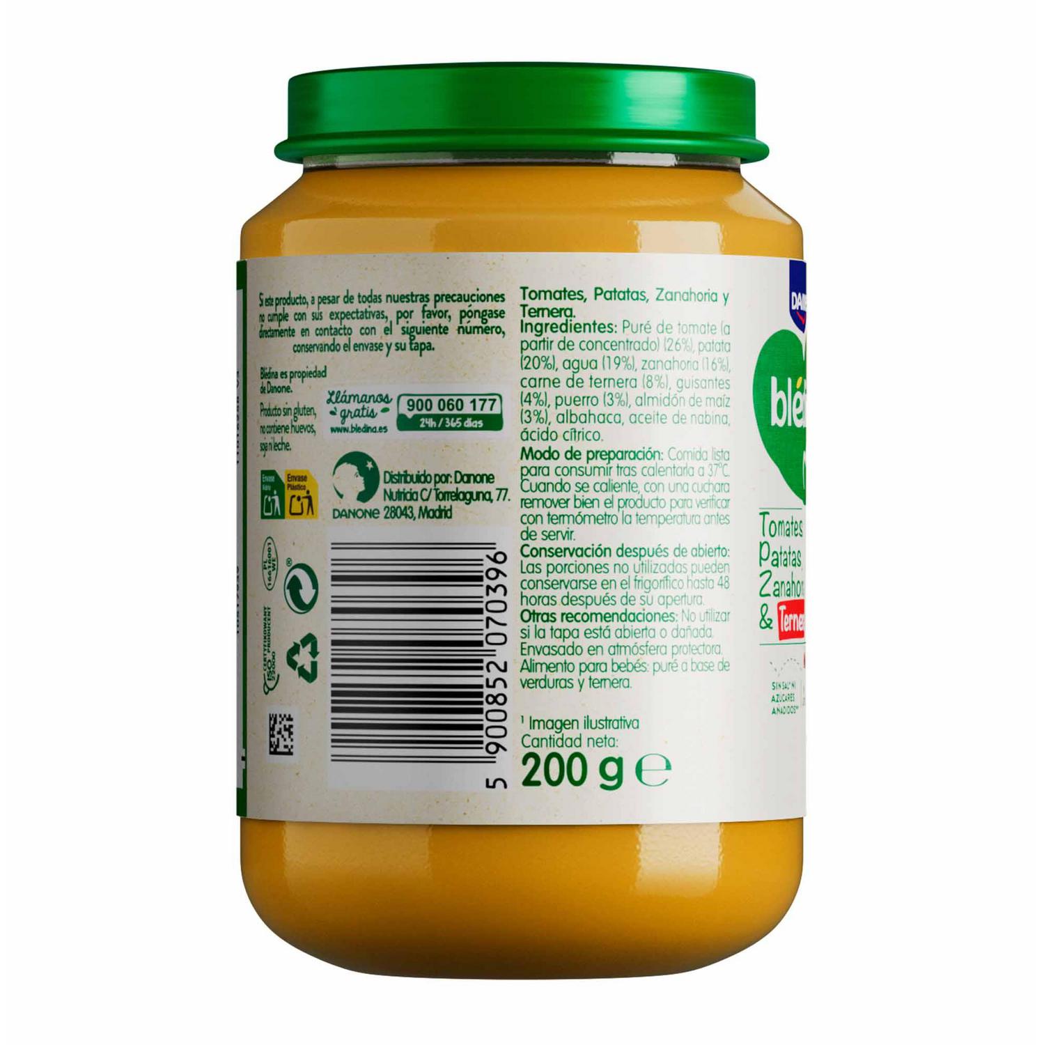 Tarrito de verduras y ternera desde 6 meses Danone Blédina sin gluten, sin lactosa y sin azúcar añadido 200 g.