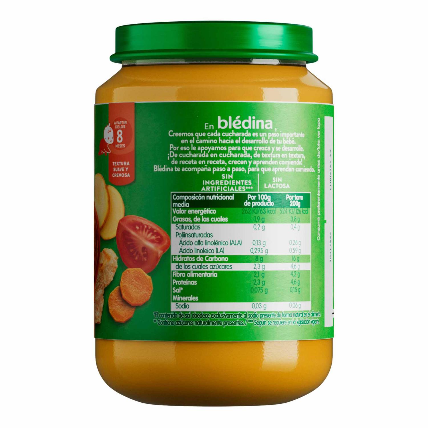 Tarrito de verduras y pollo desde 8 meses Danone Blédina sin gluten, sin lactosa y sin azúcar añadido 200 g.