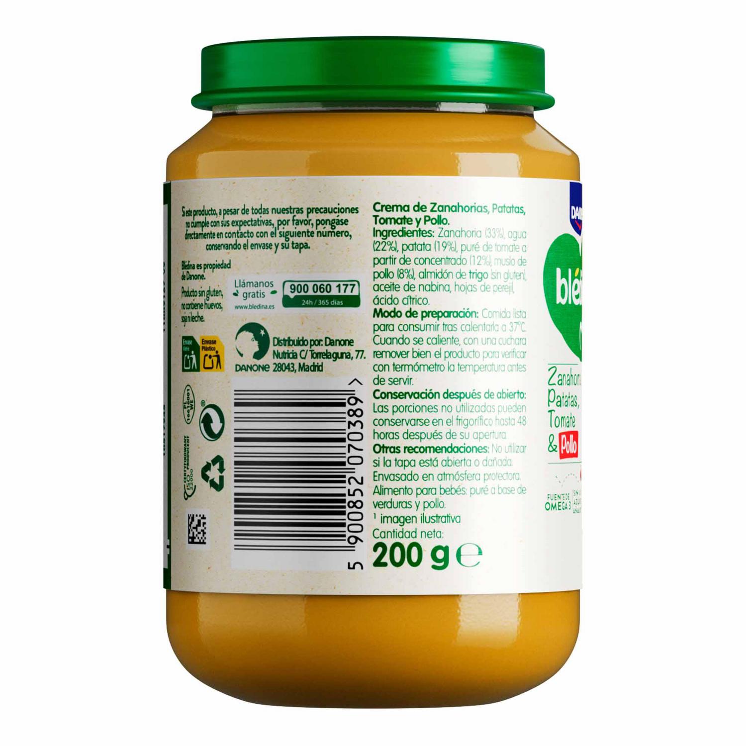 Tarrito de verduras y pollo desde 8 meses Danone Blédina sin gluten, sin lactosa y sin azúcar añadido 200 g.