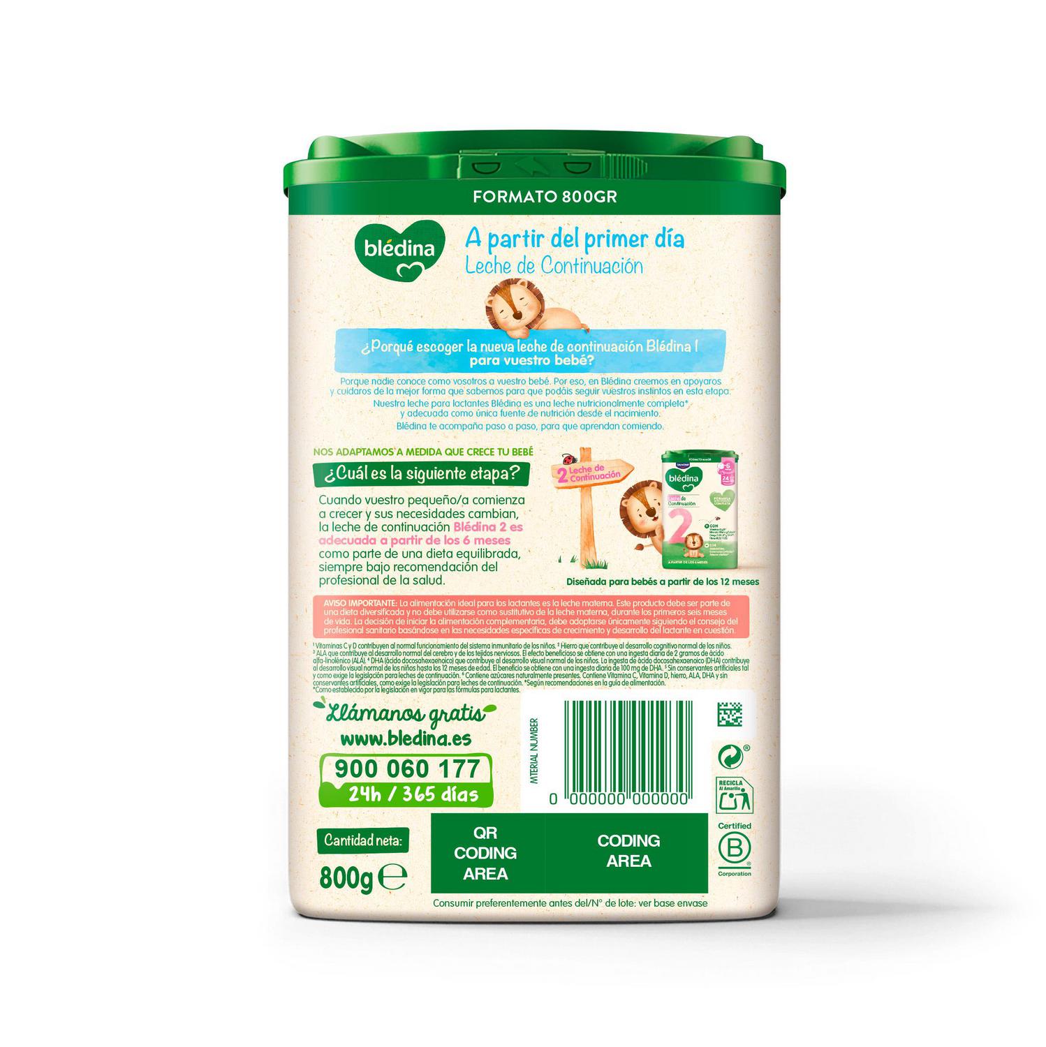 Leche infantil para lactantes en polvo Danone Blédina 1 lata 800 g.
